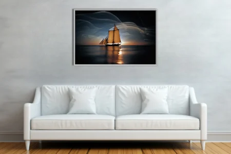 Dreamlike tall ship silhouette at sunset with ethereal swirling sky and amber ocean glow