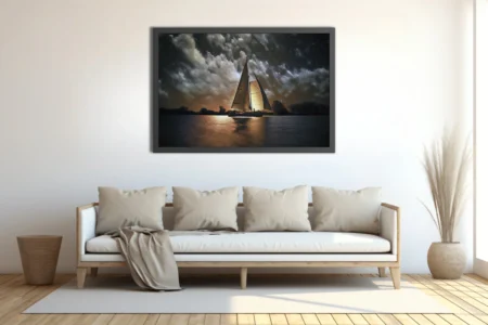 Night sailing scene — glowing sails, starlit sky, amber water reflections