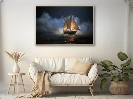 Cinematic tall ship with glowing amber sails on a misty starlit night sea