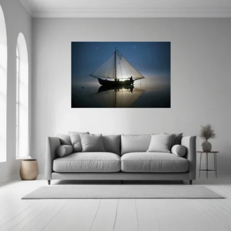 Night sailing scene, silhouetted boat and figure under starry sky