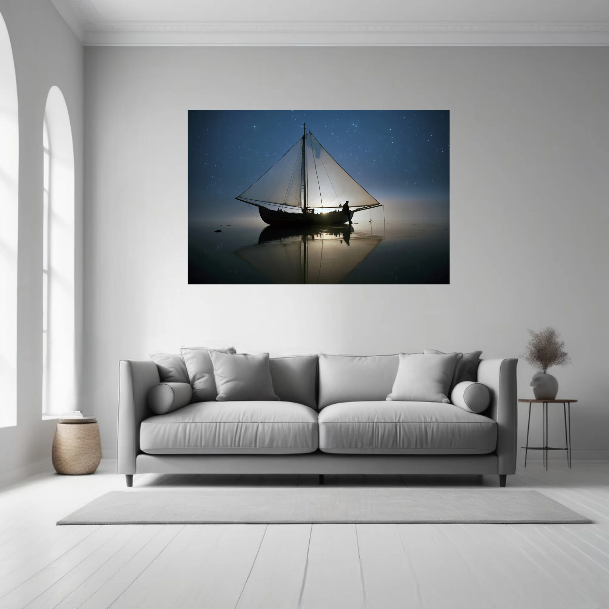 Night sailing scene, silhouetted boat and figure under starry sky