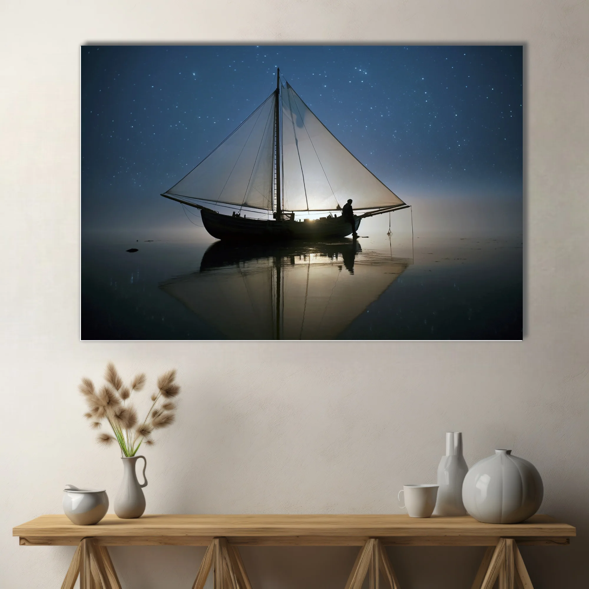 Night sailing scene, silhouetted boat and figure under starry sky