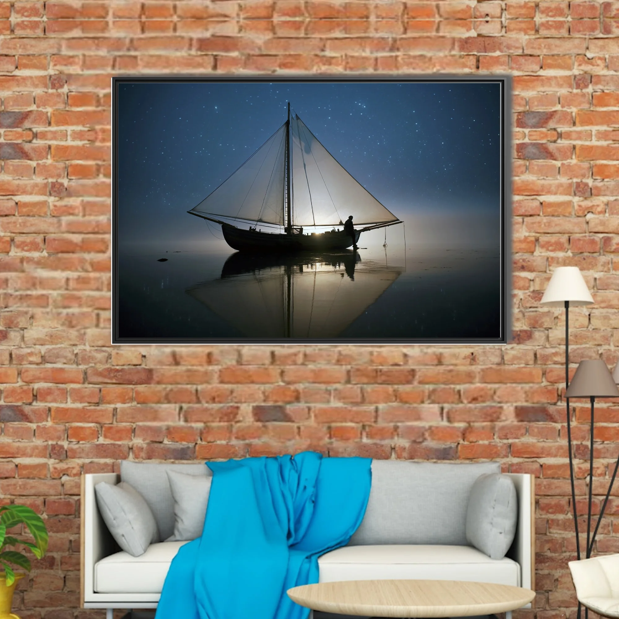 Night sailing scene, silhouetted boat and figure under starry sky
