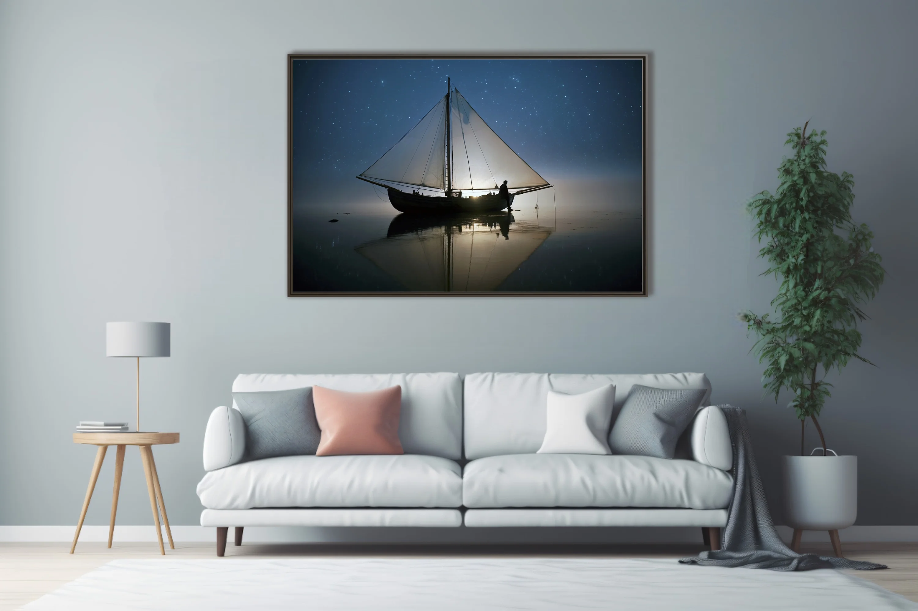 Night sailing scene, silhouetted boat and figure under starry sky
