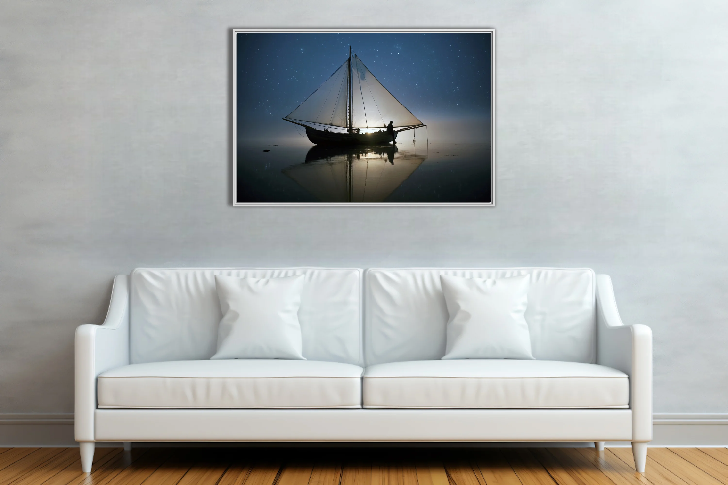 Night sailing scene, silhouetted boat and figure under starry sky