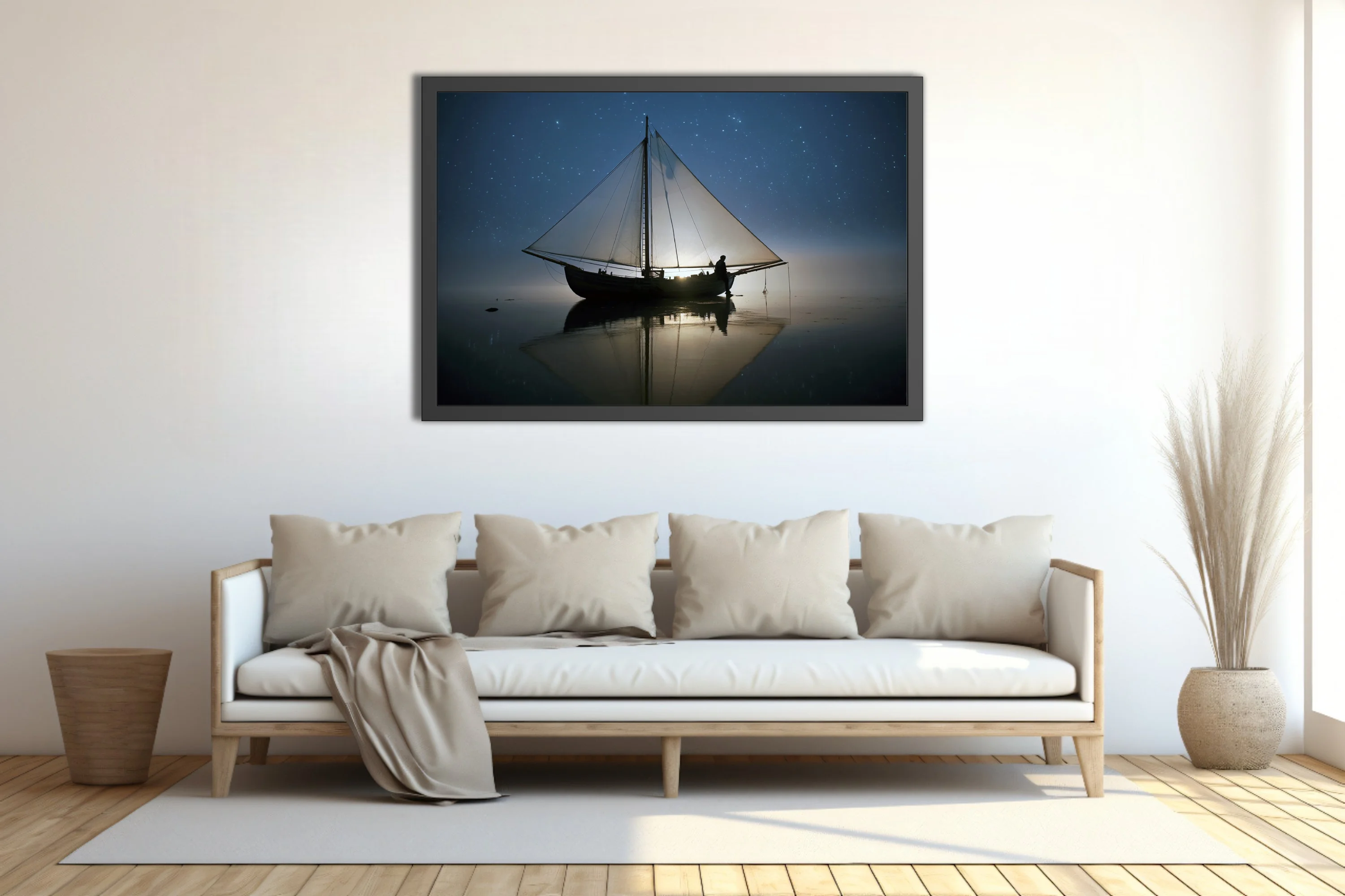 Night sailing scene, silhouetted boat and figure under starry sky