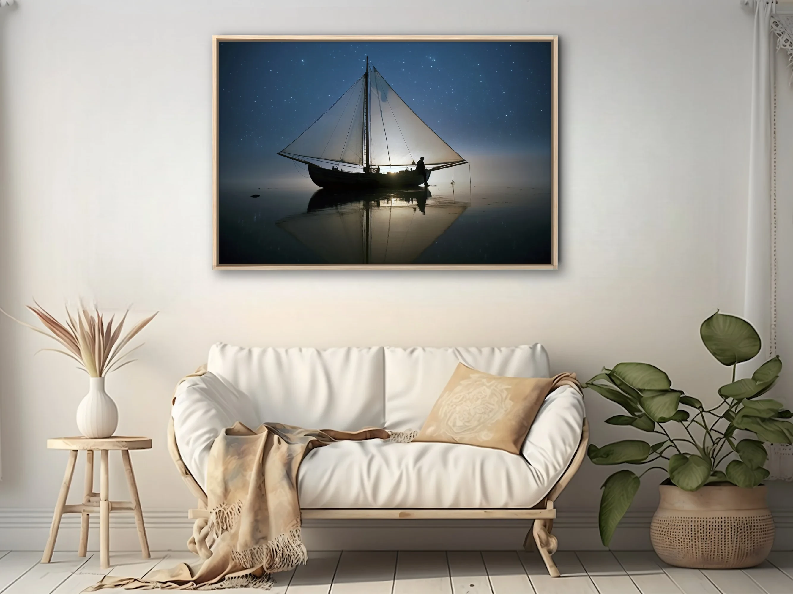 Night sailing scene, silhouetted boat and figure under starry sky