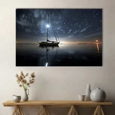 Sailboat silhouette under starry night sky with moonlit calm water
