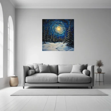 Swirling painterly winter night scene with swirling moonlit sky, snowy pines and cobalt-gold palette