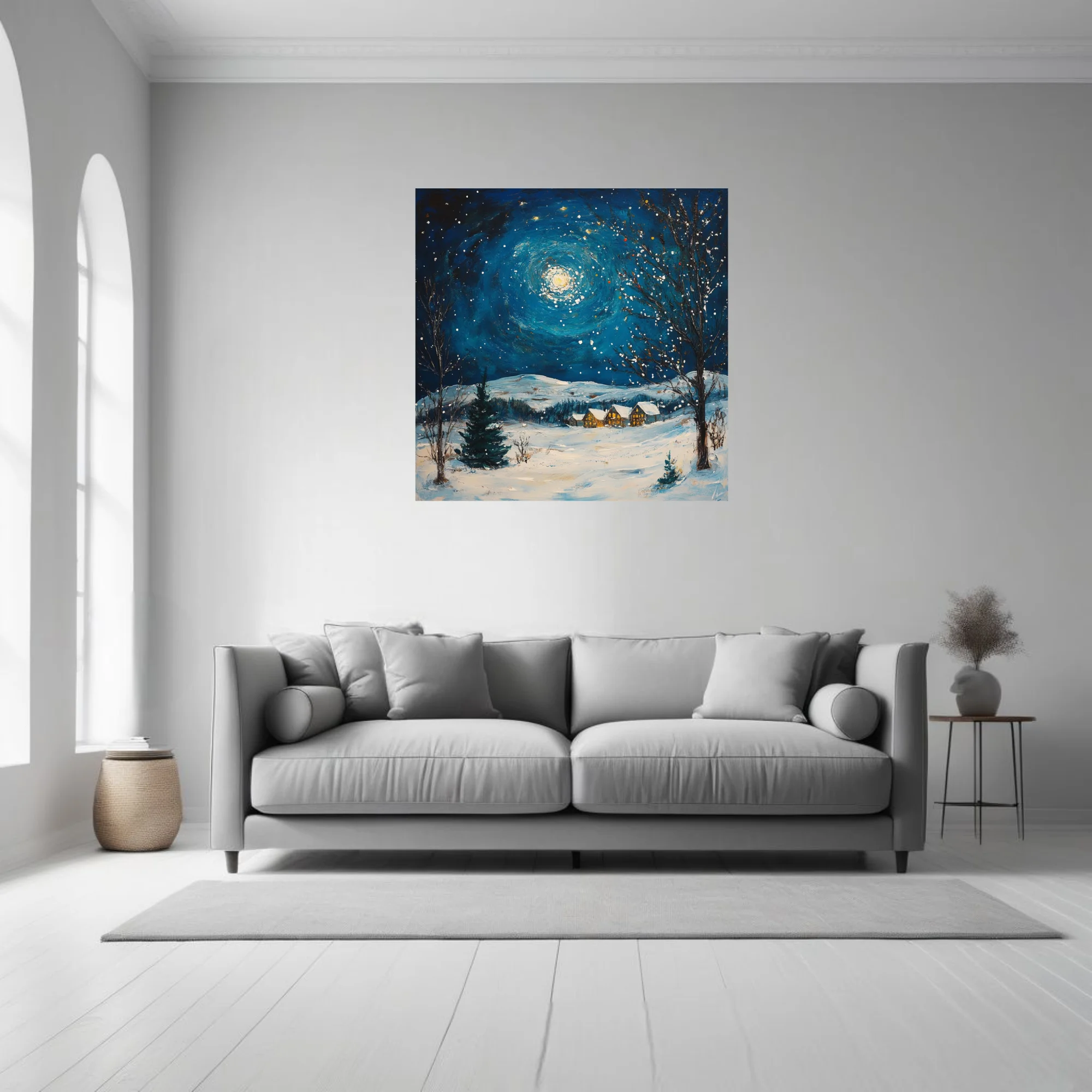 Swirling painterly winter night scene with swirling moonlit sky, snow, and glowing cottages