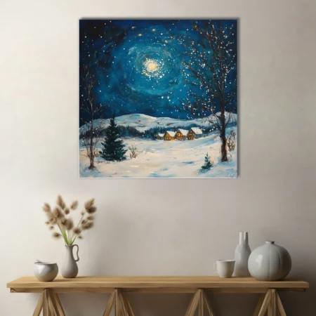 Swirling painterly winter night scene with swirling moonlit sky, snow, and glowing cottages