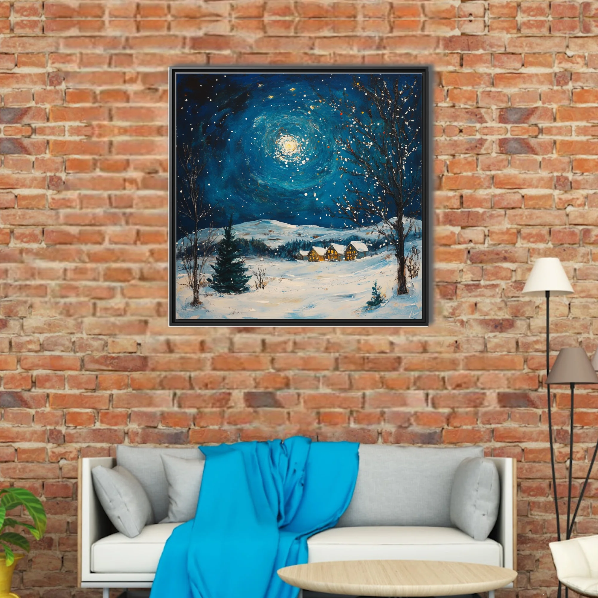 Swirling painterly winter night scene with swirling moonlit sky, snow, and glowing cottages