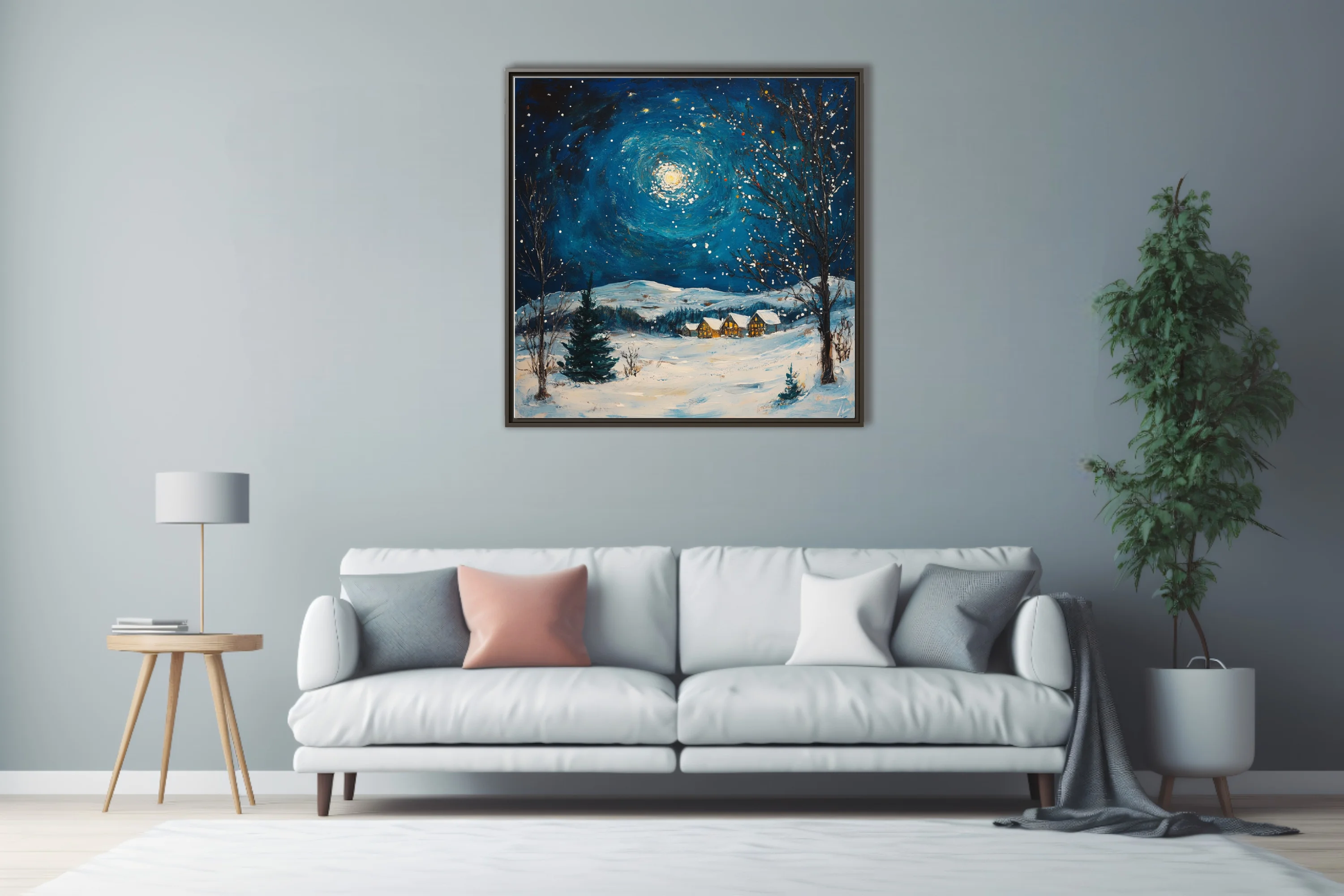 Swirling painterly winter night scene with swirling moonlit sky, snow, and glowing cottages