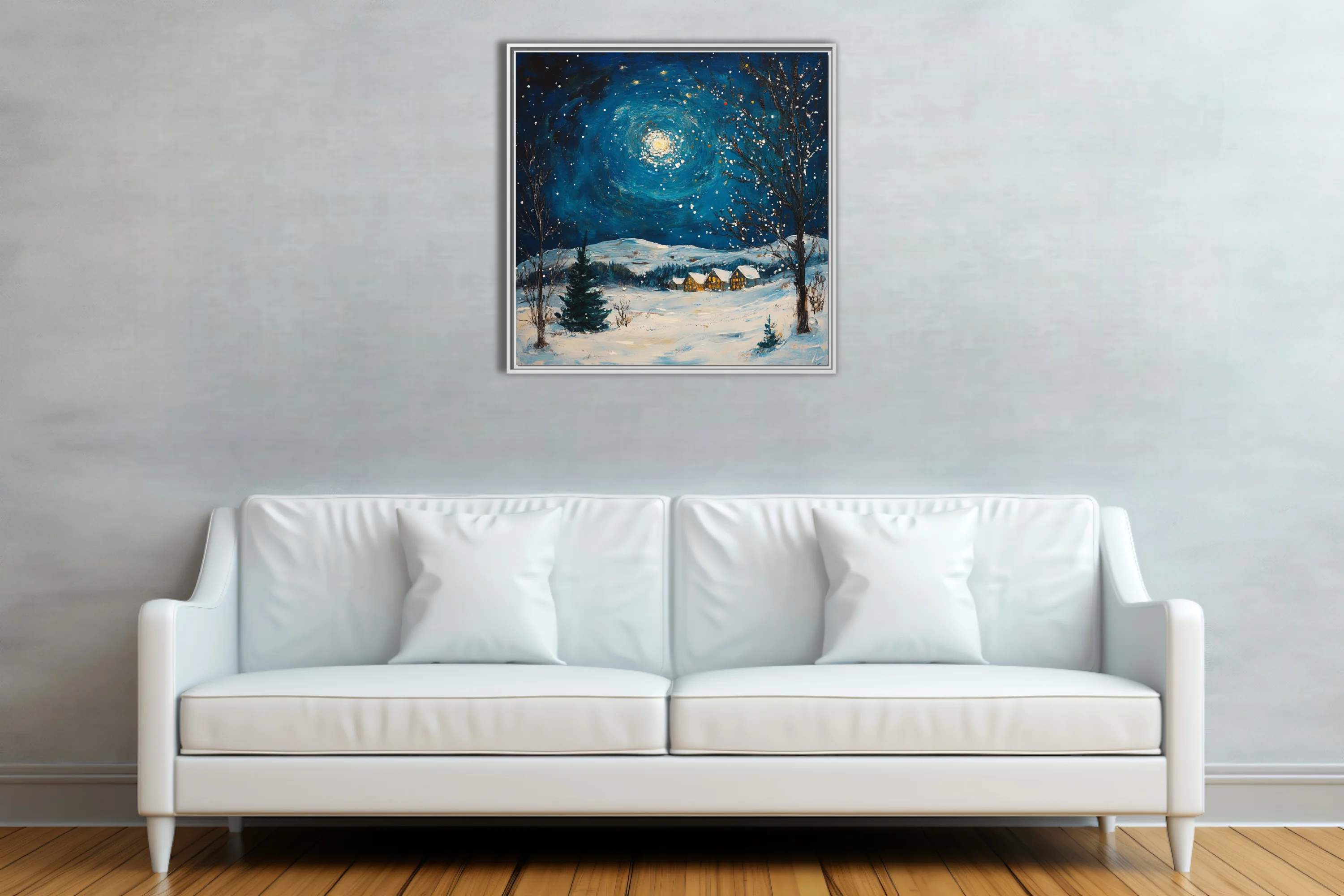Swirling painterly winter night scene with swirling moonlit sky, snow, and glowing cottages