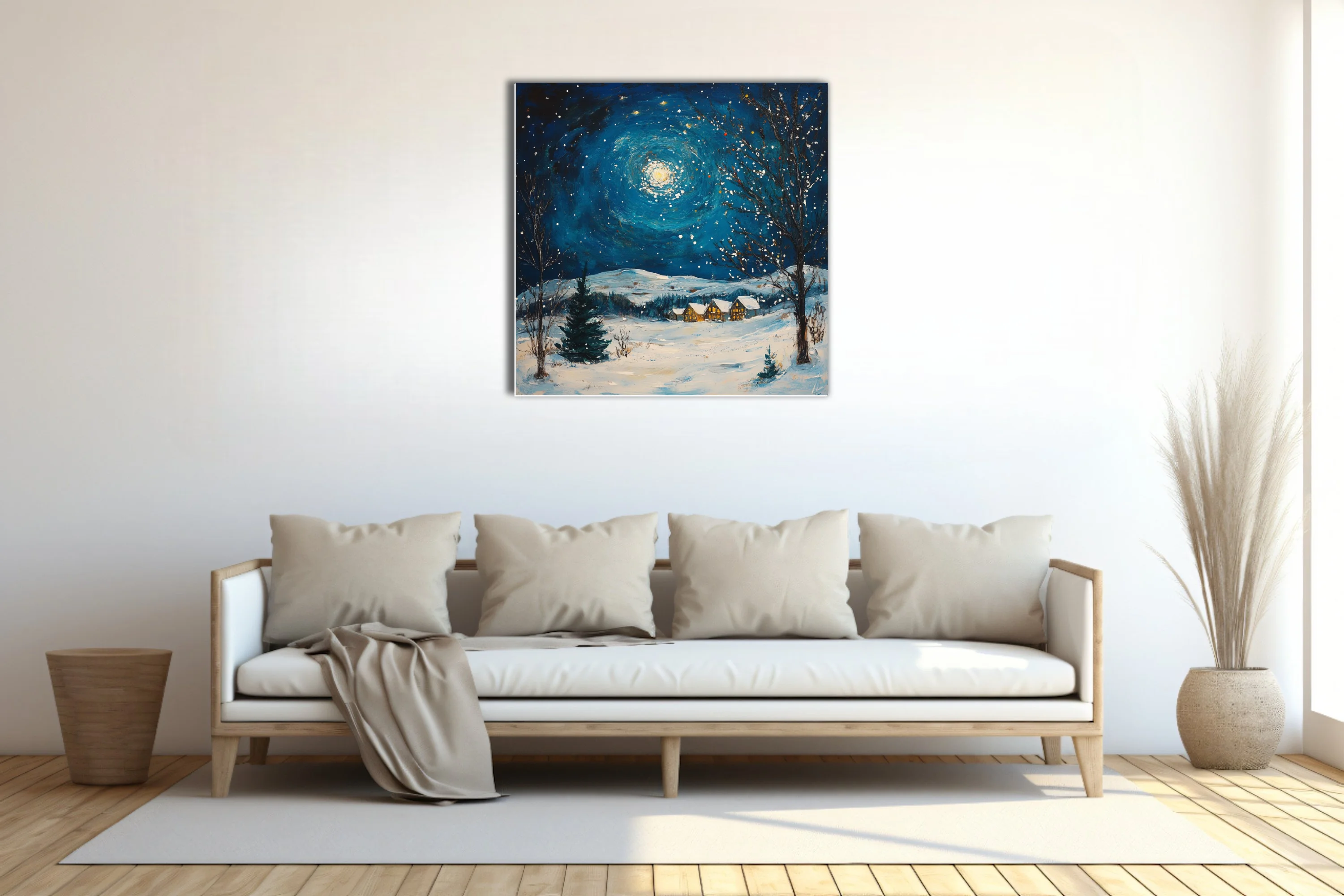 Swirling painterly winter night scene with swirling moonlit sky, snow, and glowing cottages