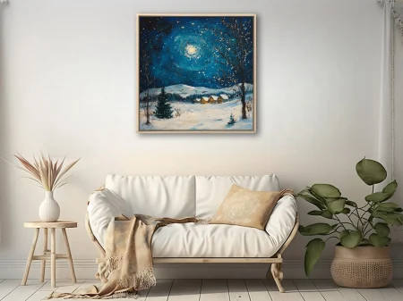 Swirling painterly winter night scene with swirling moonlit sky, snow, and glowing cottages