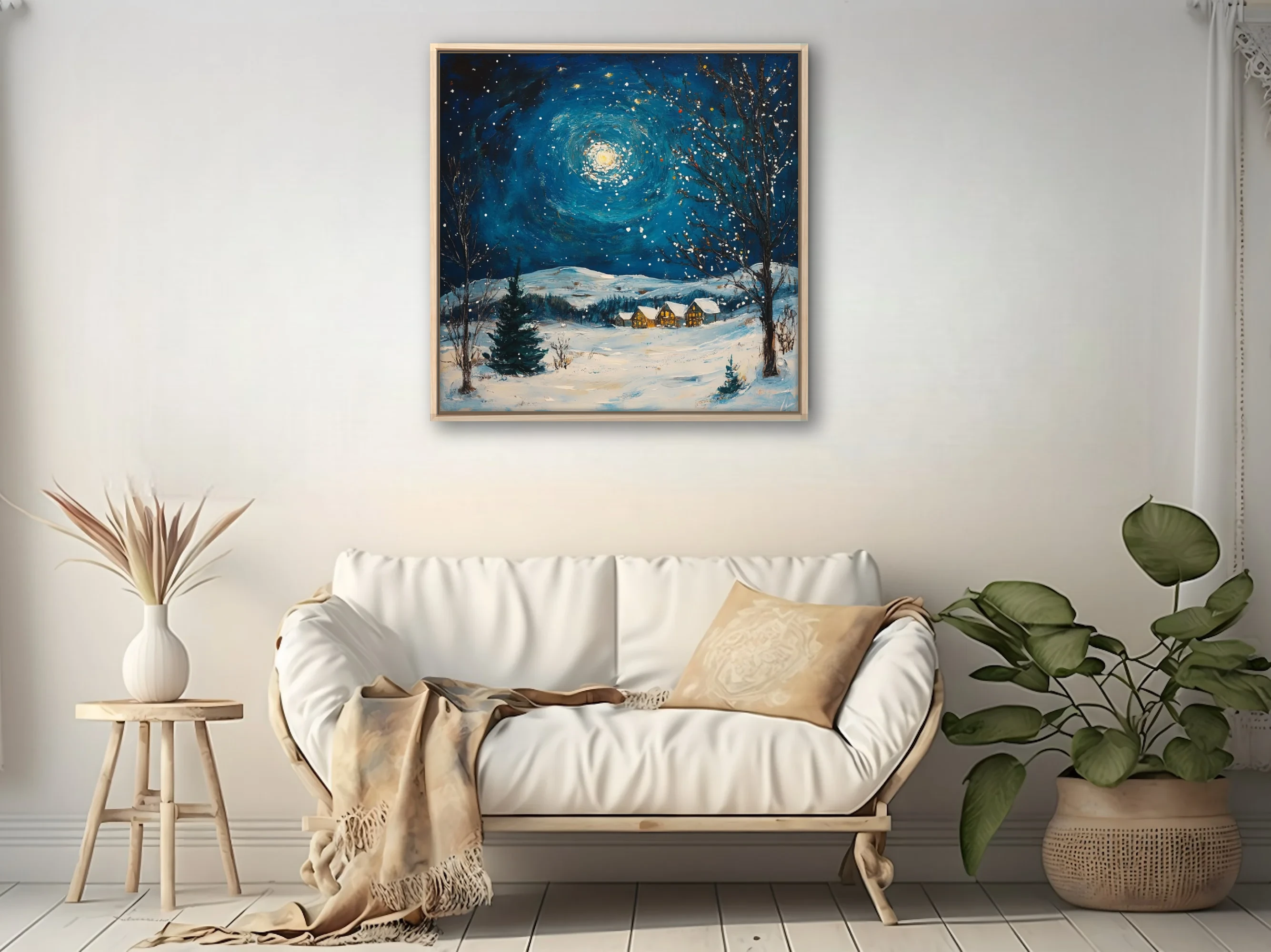 Swirling painterly winter night scene with swirling moonlit sky, snow, and glowing cottages