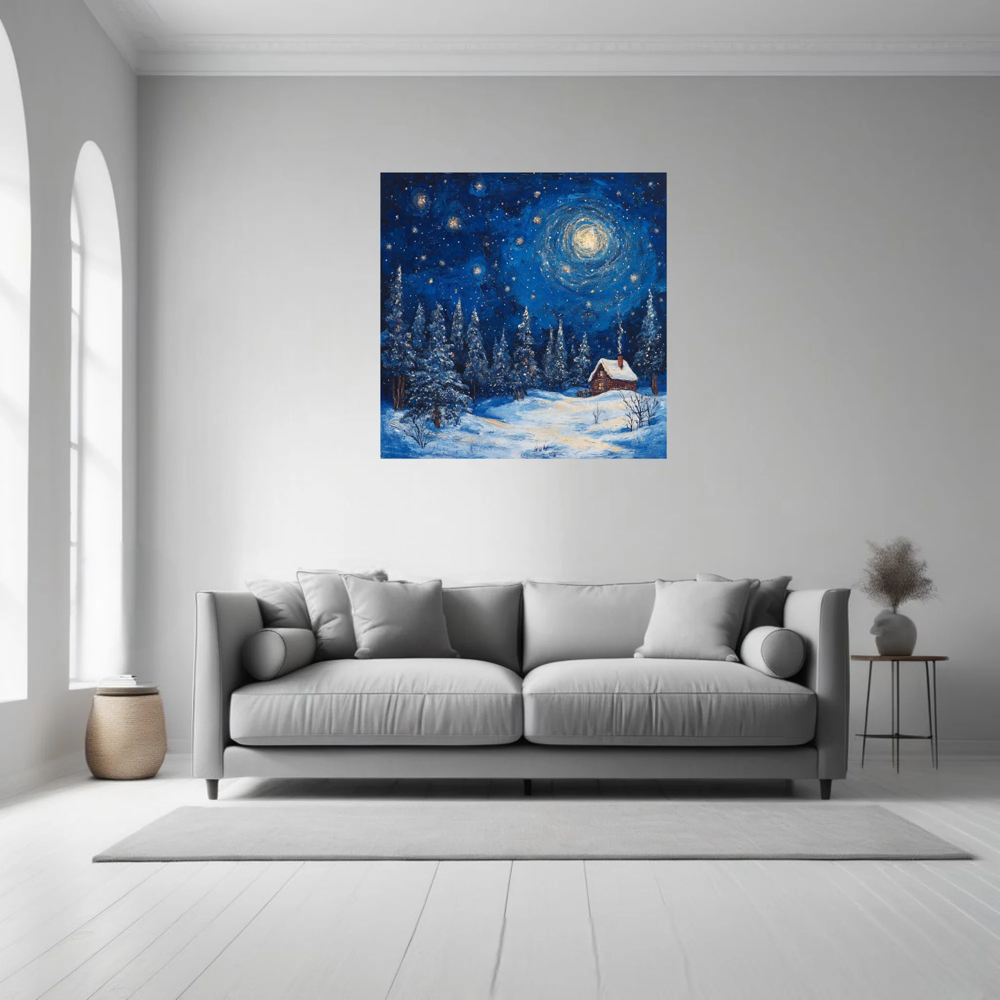 Swirling painterly starry winter night with snowy pines and glowing cabin in cobalt and gold