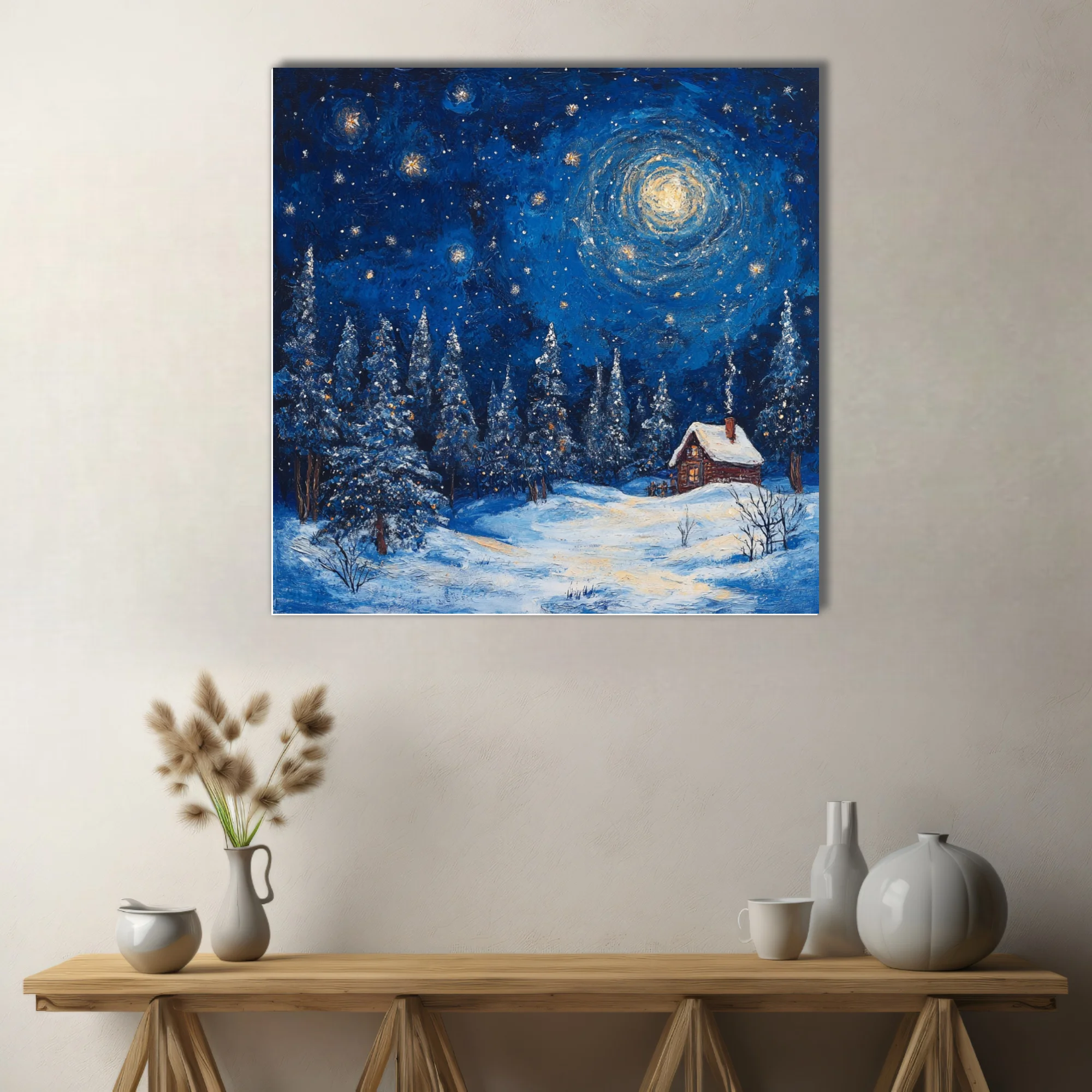 Swirling painterly starry winter night with snowy pines and glowing cabin in cobalt and gold