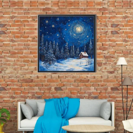 Swirling painterly starry winter night with snowy pines and glowing cabin in cobalt and gold