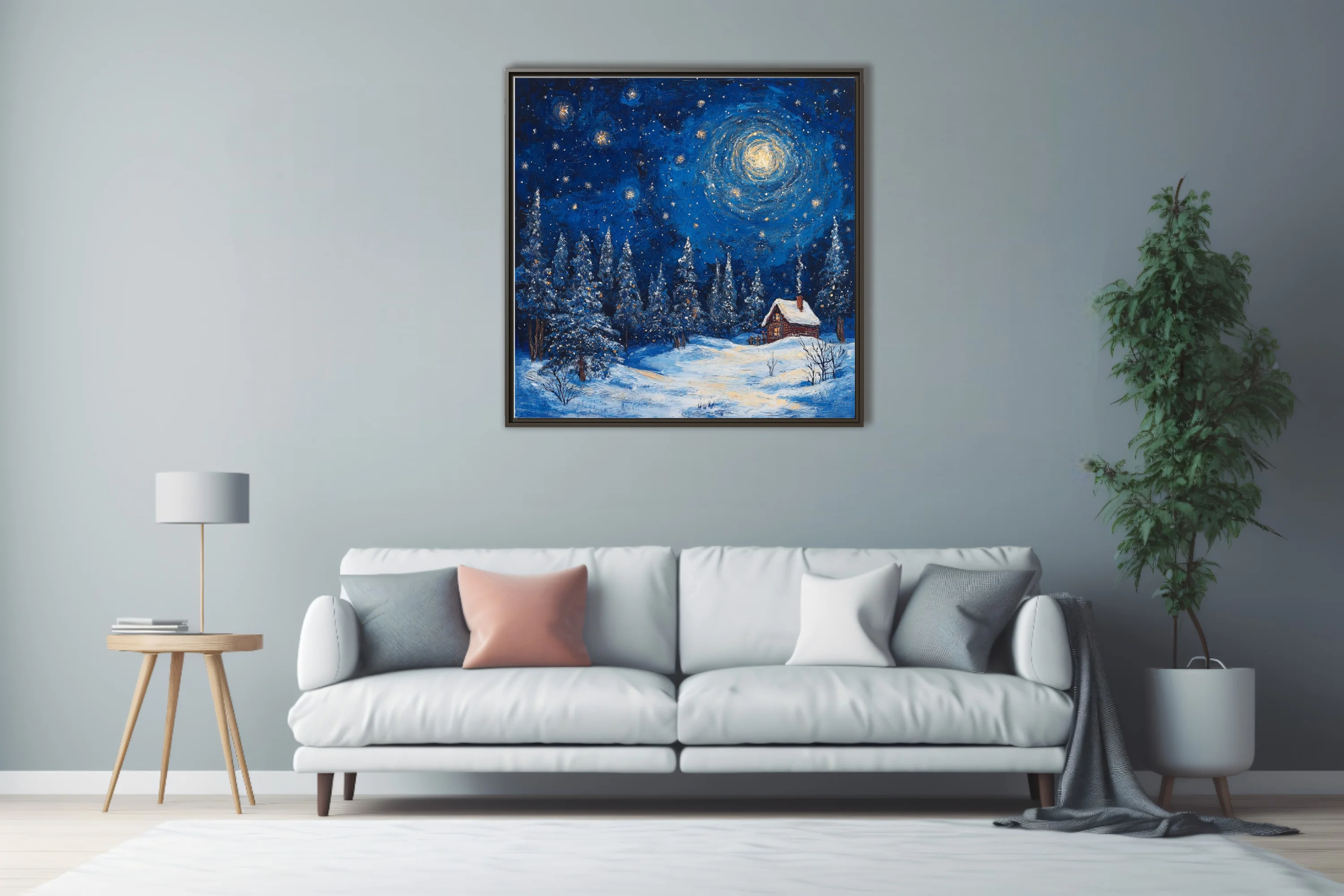Swirling painterly starry winter night with snowy pines and glowing cabin in cobalt and gold