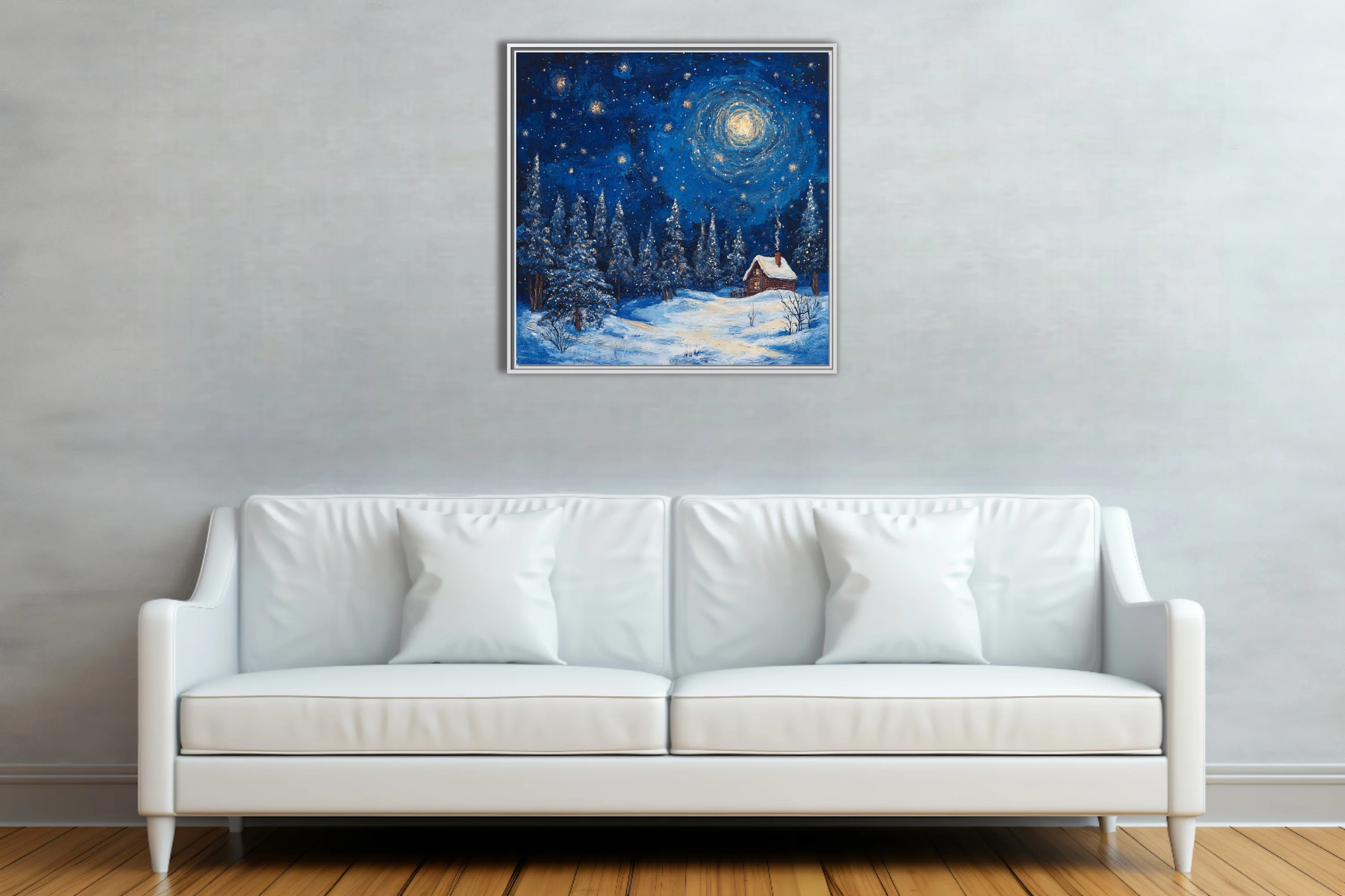Swirling painterly starry winter night with snowy pines and glowing cabin in cobalt and gold