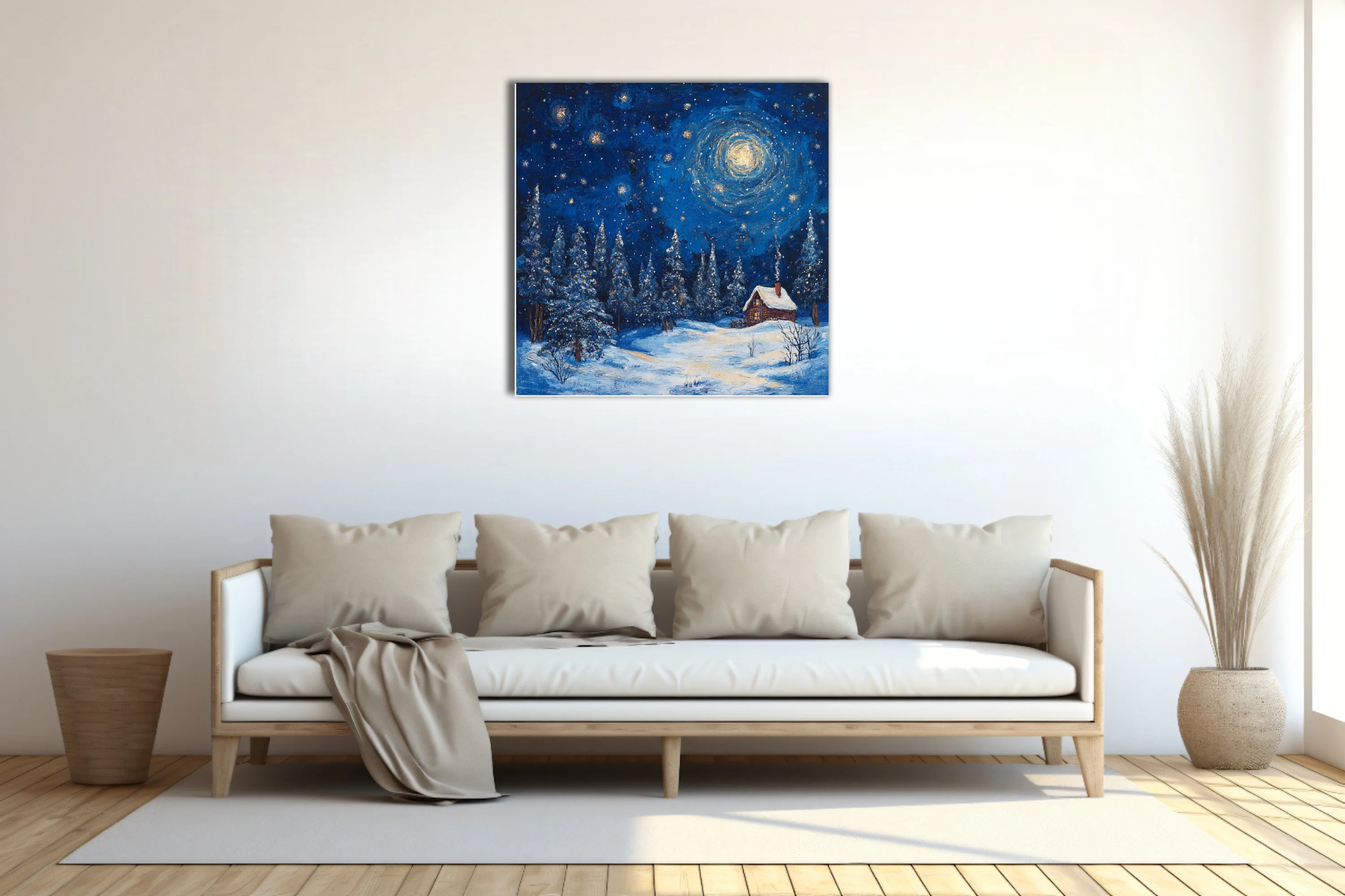 Swirling painterly starry winter night with snowy pines and glowing cabin in cobalt and gold