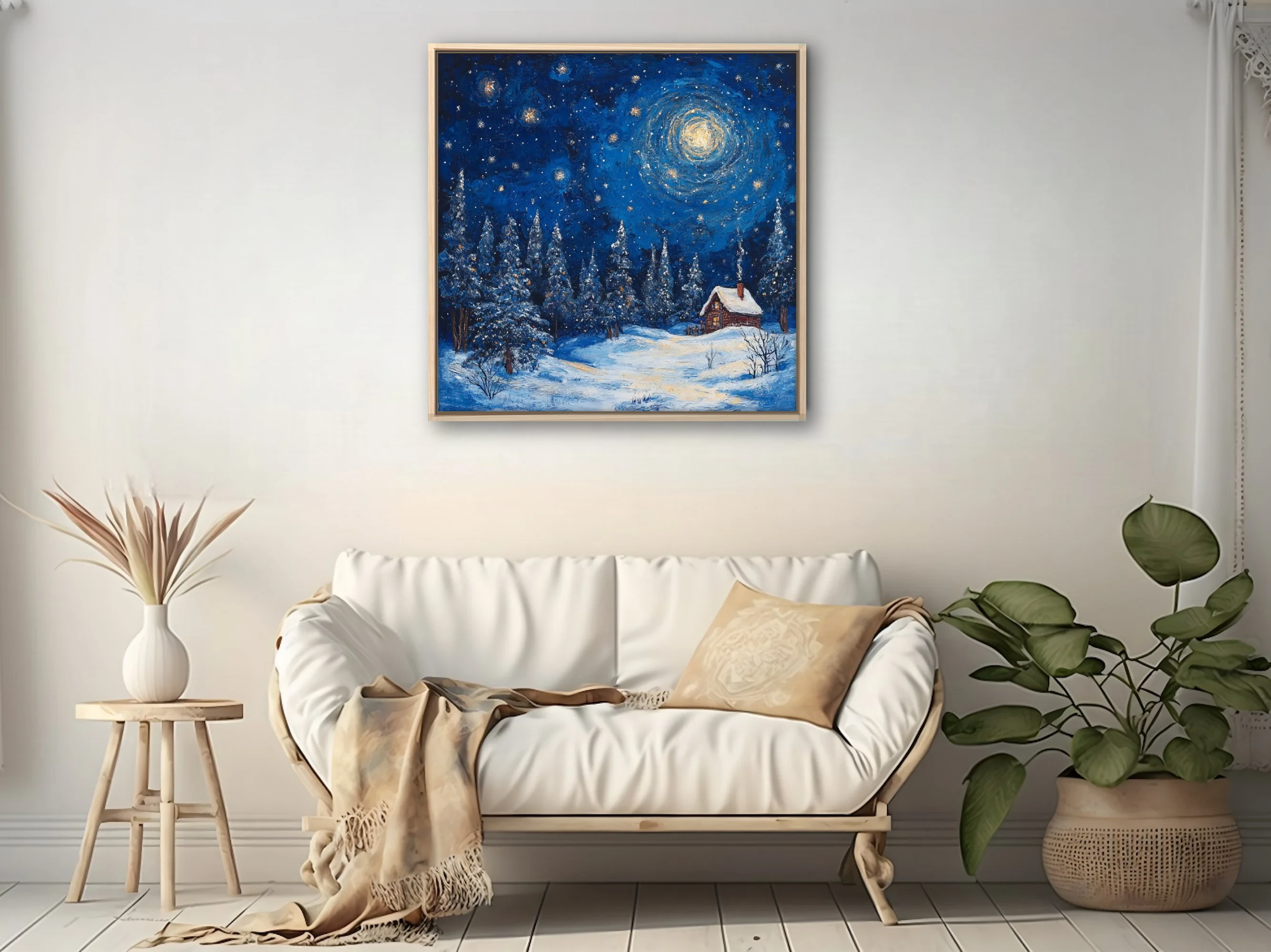 Swirling painterly starry winter night with snowy pines and glowing cabin in cobalt and gold