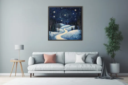 Folk-style starry winter night landscape with snowy hills, bare trees, glowing path, deep indigo sky