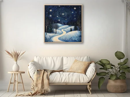 Folk-style starry winter night landscape with snowy hills, bare trees, glowing path, deep indigo sky
