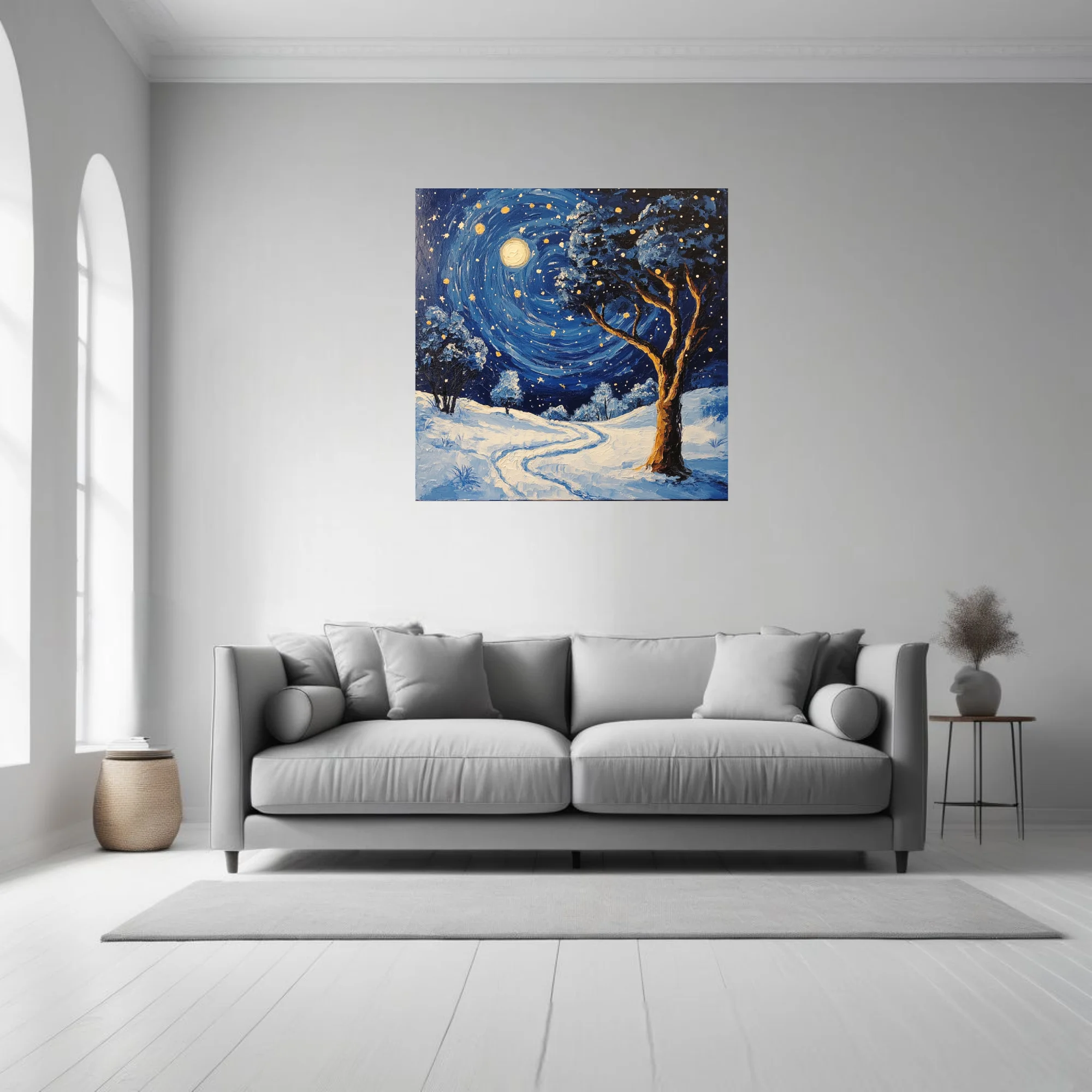 Swirling painterly snowy night landscape with swirling starry sky, glowing moon, and gnarled tree