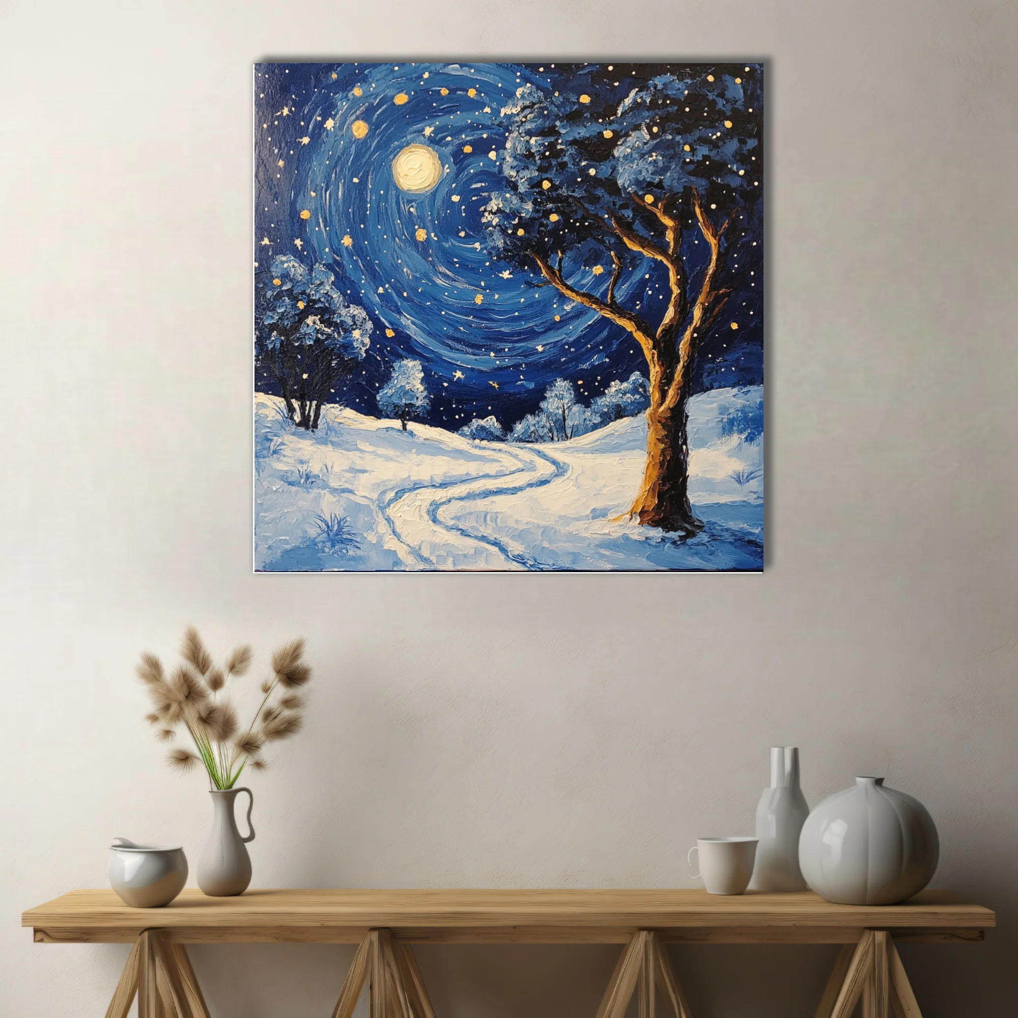 Swirling painterly snowy night landscape with swirling starry sky, glowing moon, and gnarled tree