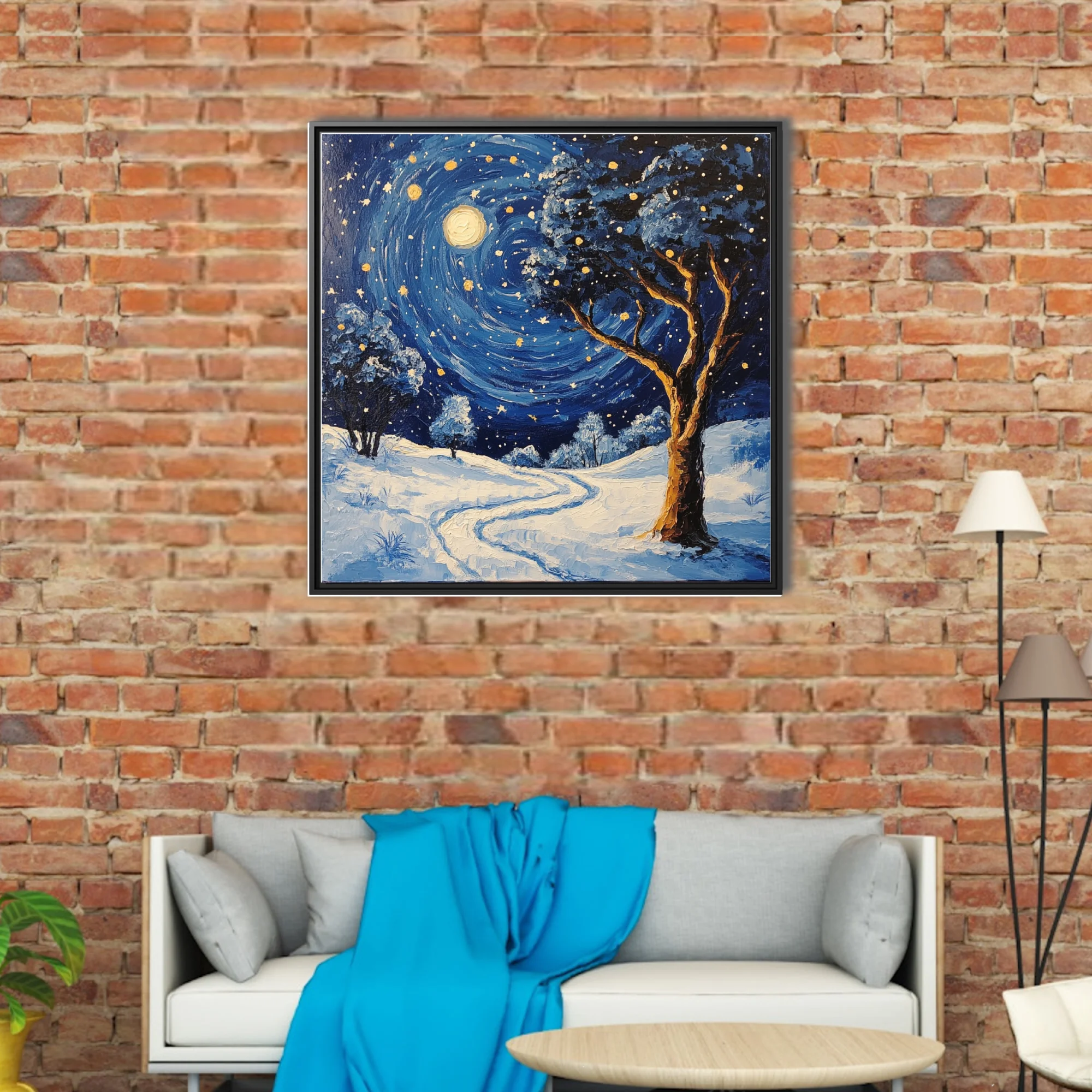Swirling painterly snowy night landscape with swirling starry sky, glowing moon, and gnarled tree