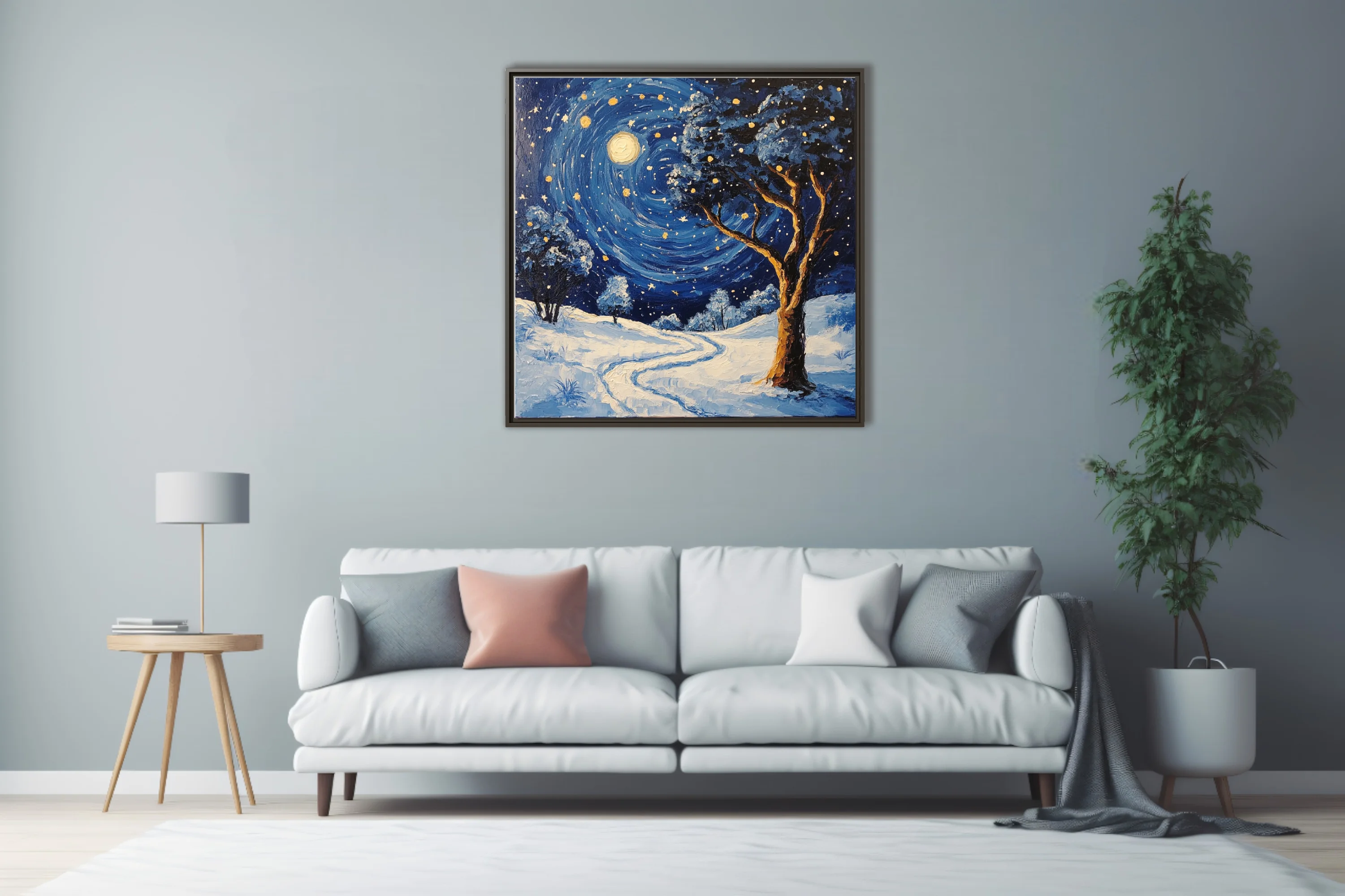 Swirling painterly snowy night landscape with swirling starry sky, glowing moon, and gnarled tree