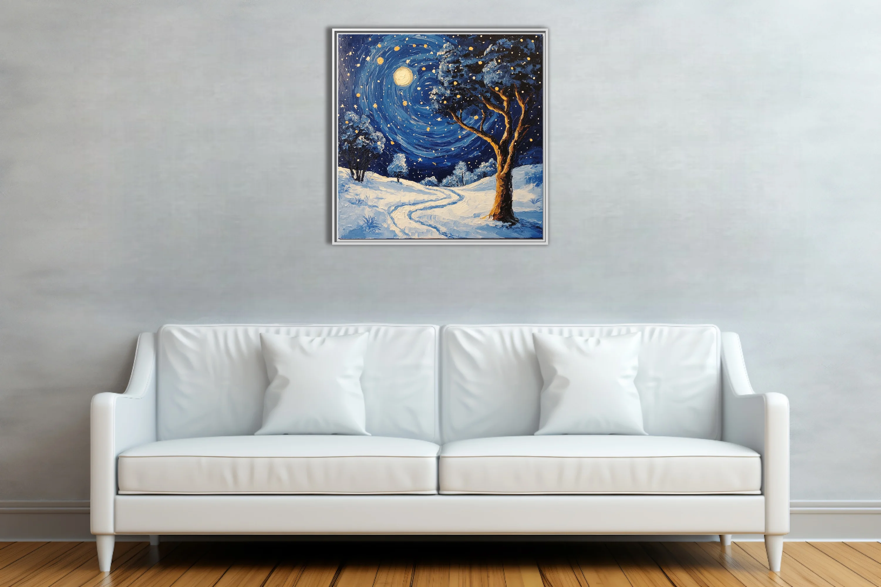 Swirling painterly snowy night landscape with swirling starry sky, glowing moon, and gnarled tree