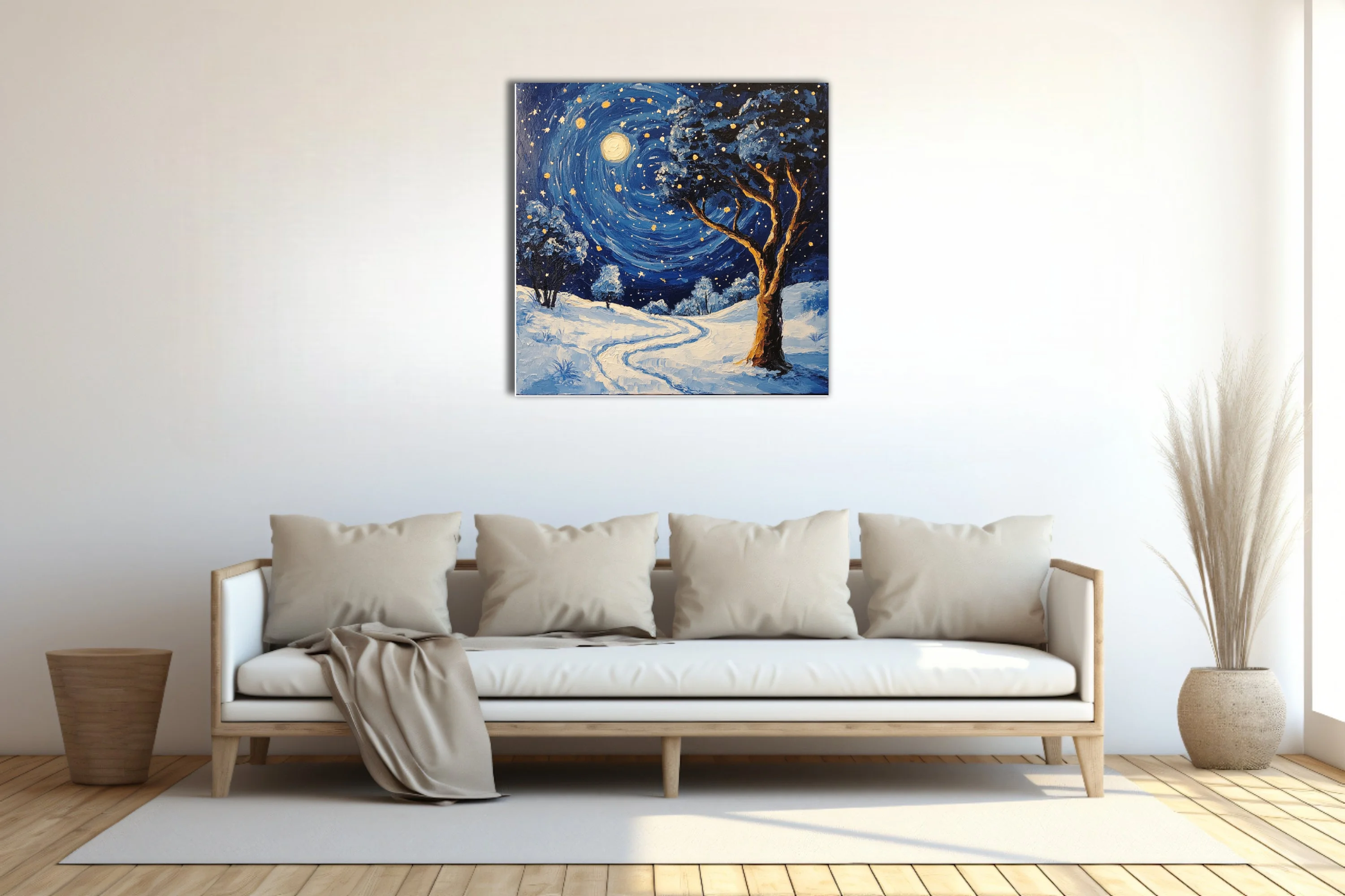 Swirling painterly snowy night landscape with swirling starry sky, glowing moon, and gnarled tree