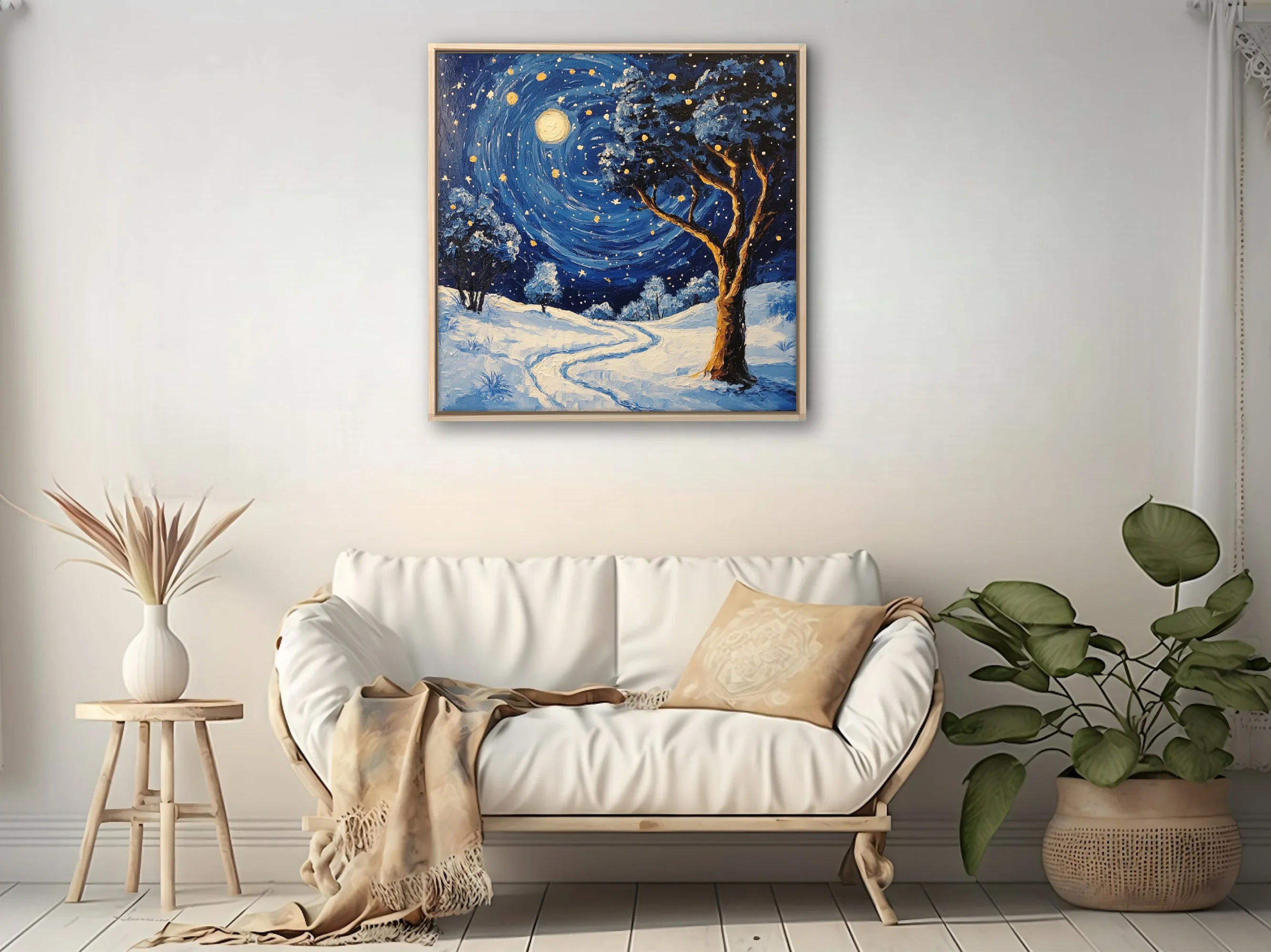 Swirling painterly snowy night landscape with swirling starry sky, glowing moon, and gnarled tree