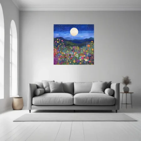 Collage-style colorful wildflower field under full moon and starry night sky
