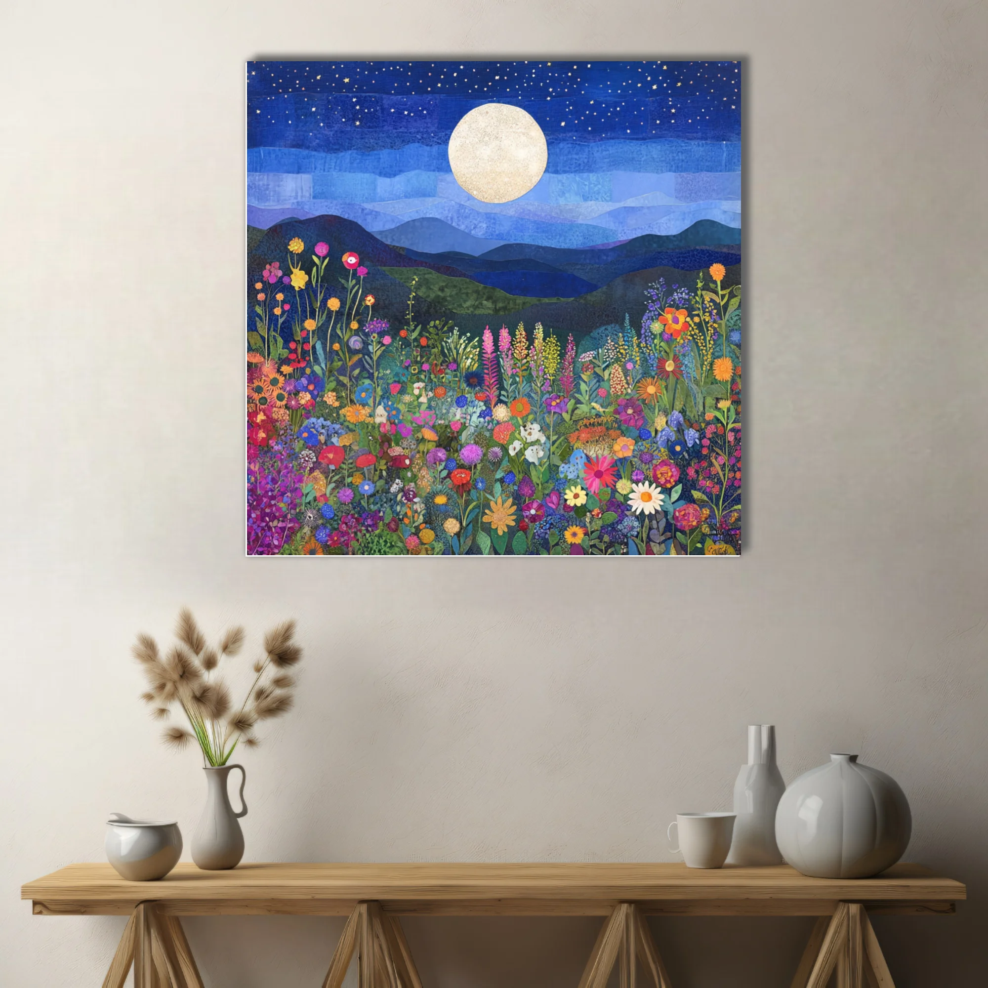 Collage-style colorful wildflower field under full moon and starry night sky