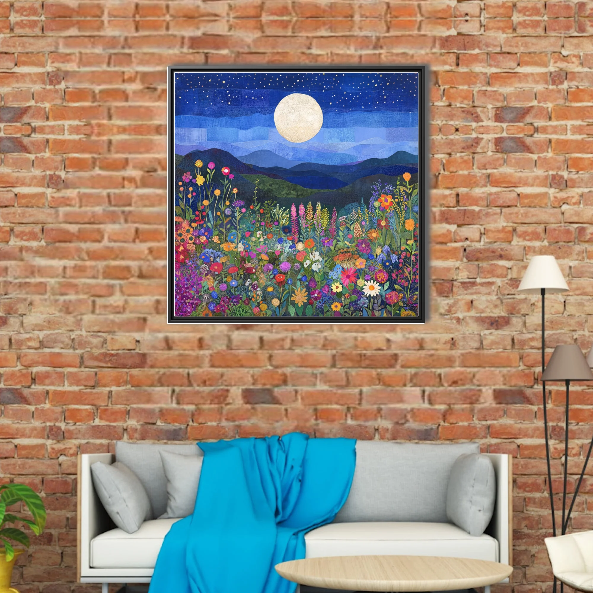 Collage-style colorful wildflower field under full moon and starry night sky