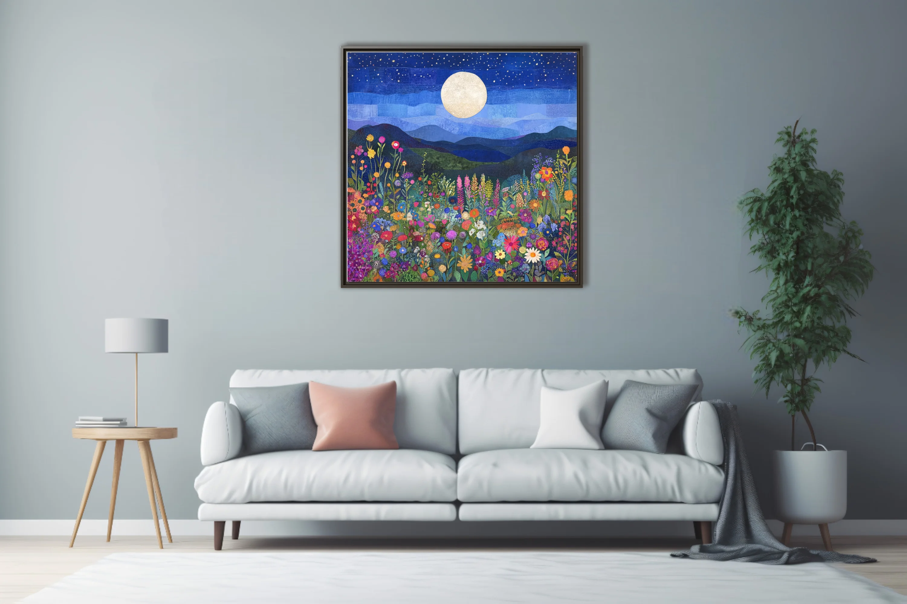 Collage-style colorful wildflower field under full moon and starry night sky