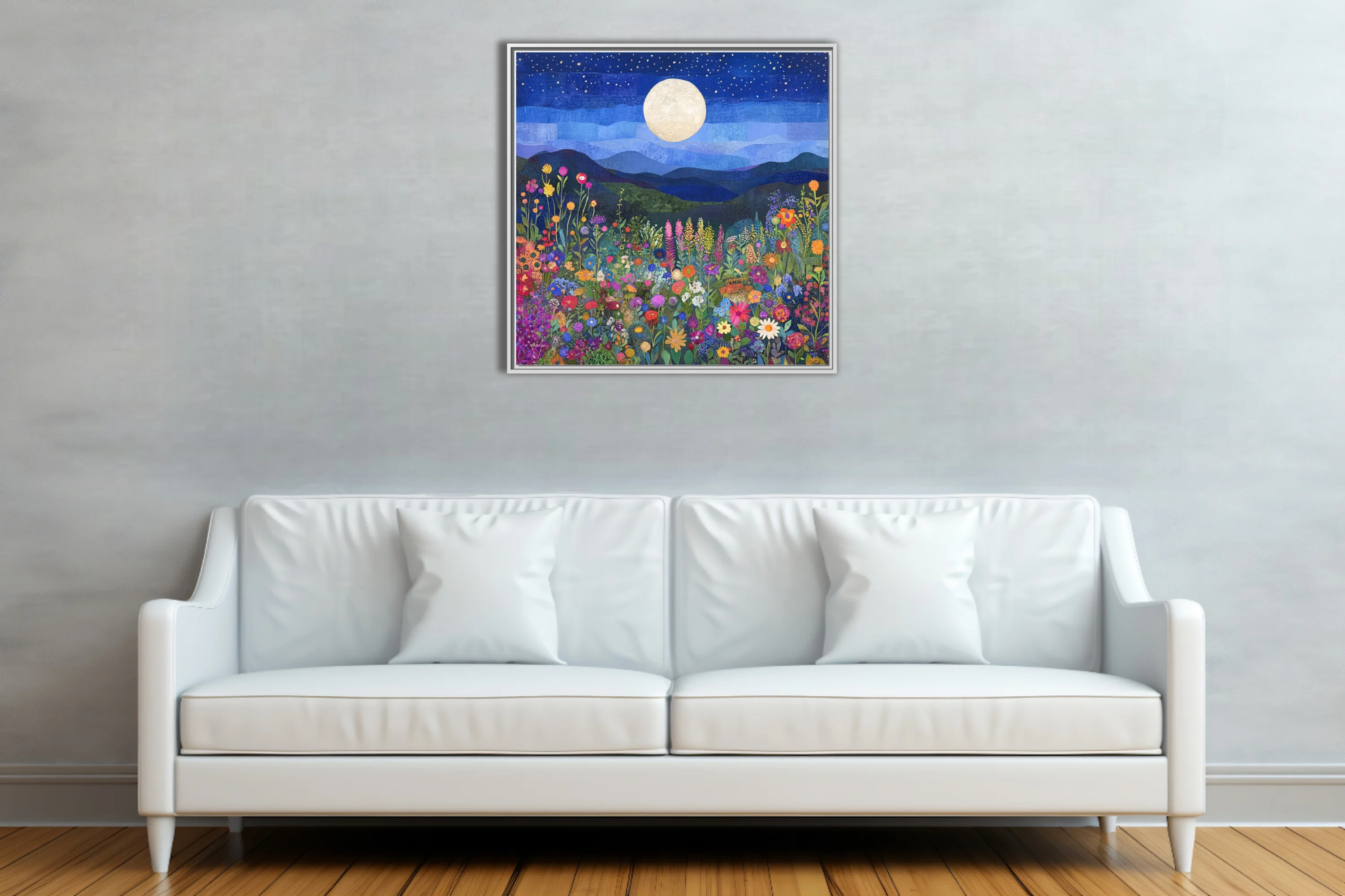 Collage-style colorful wildflower field under full moon and starry night sky