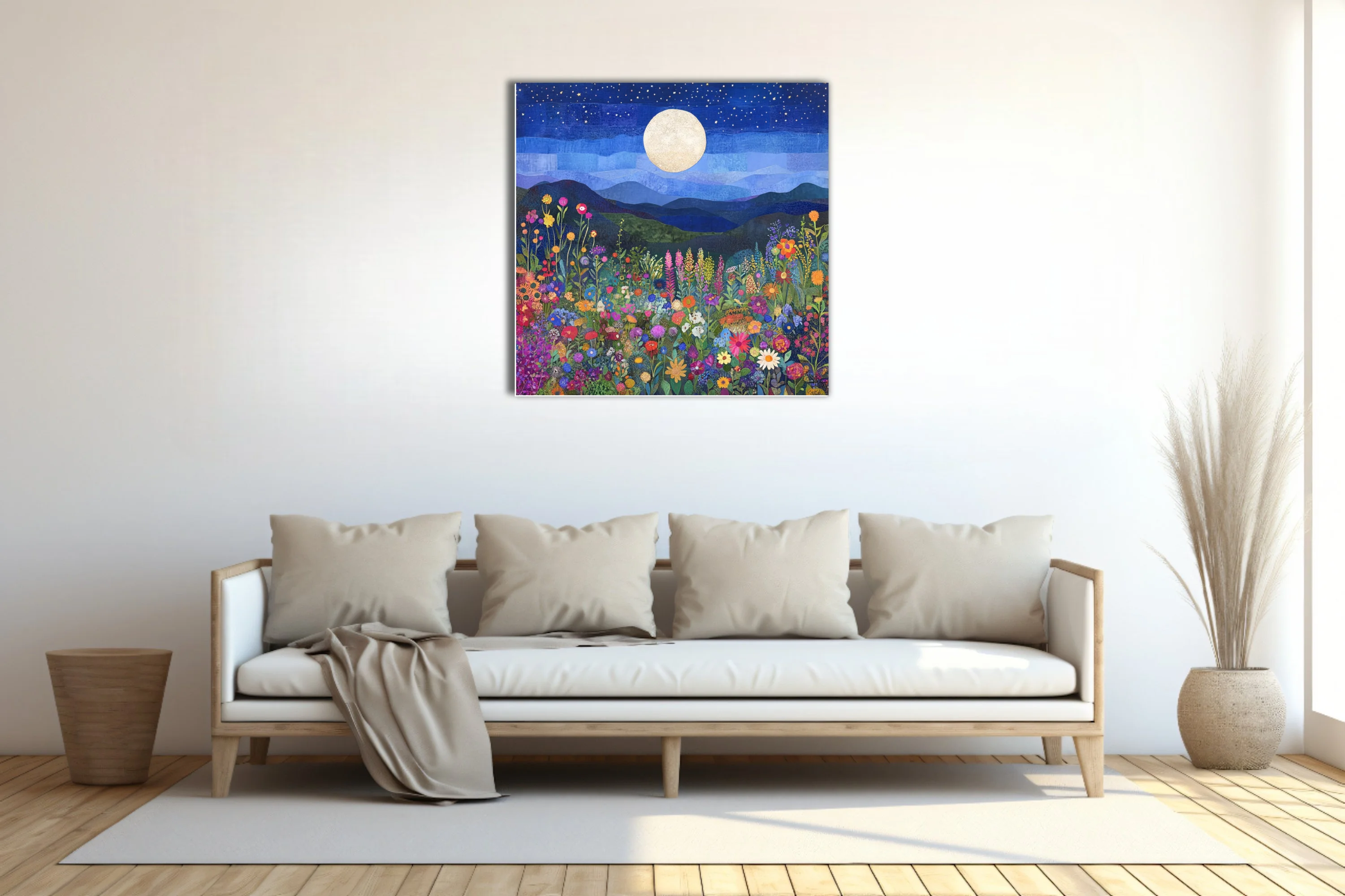 Collage-style colorful wildflower field under full moon and starry night sky