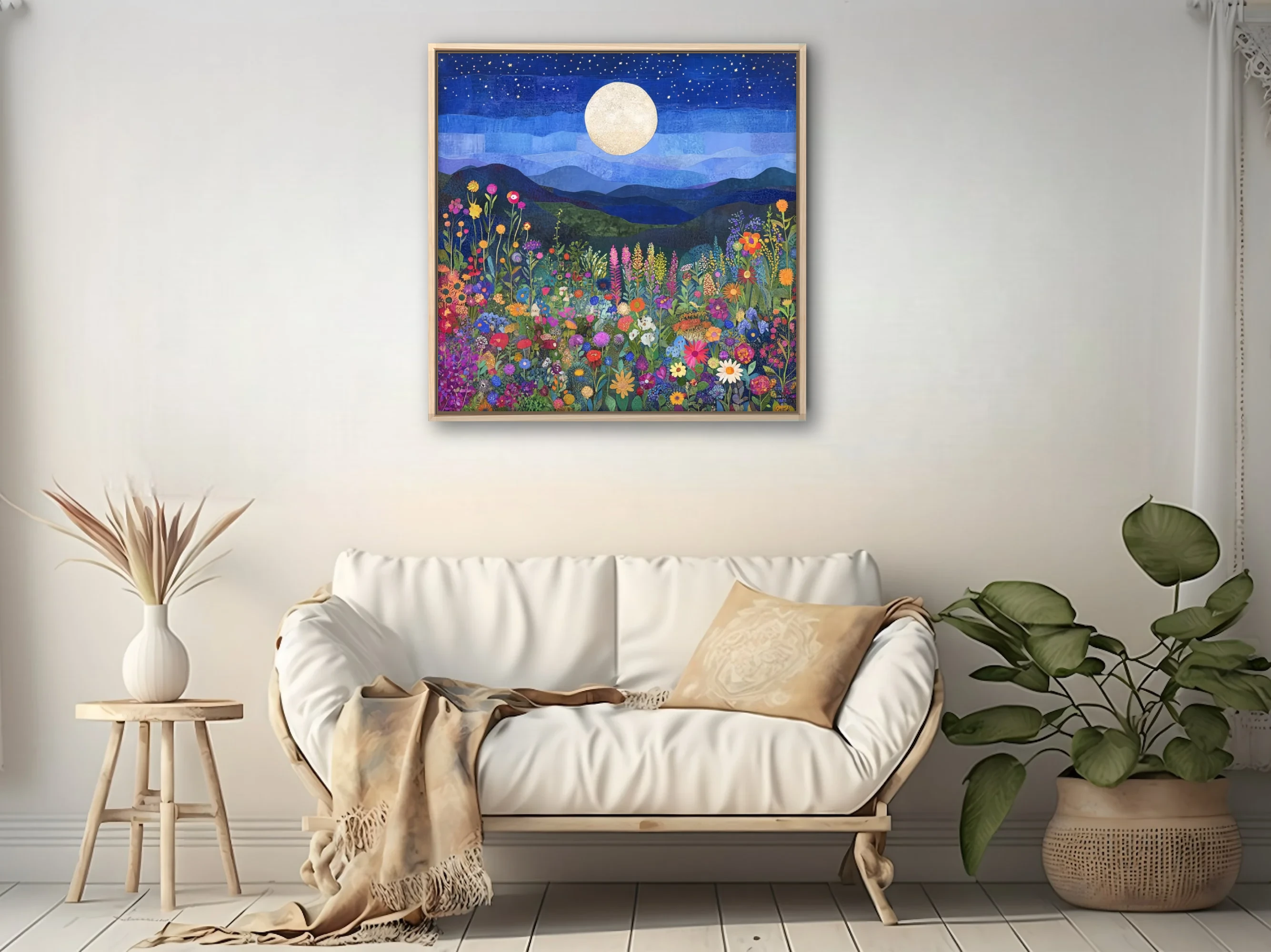 Collage-style colorful wildflower field under full moon and starry night sky