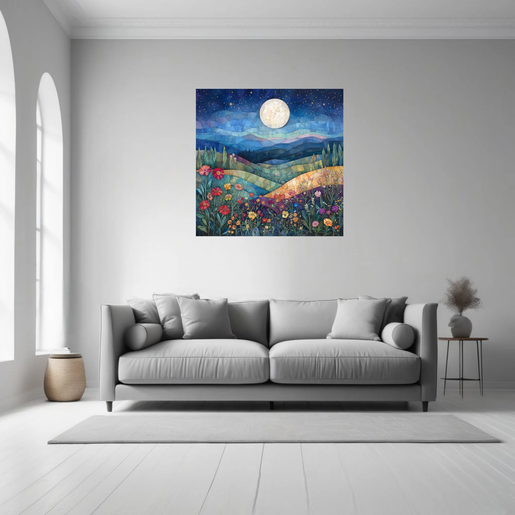 Mosaic-style moonlit landscape with wildflowers, deep blue night sky and rolling hills