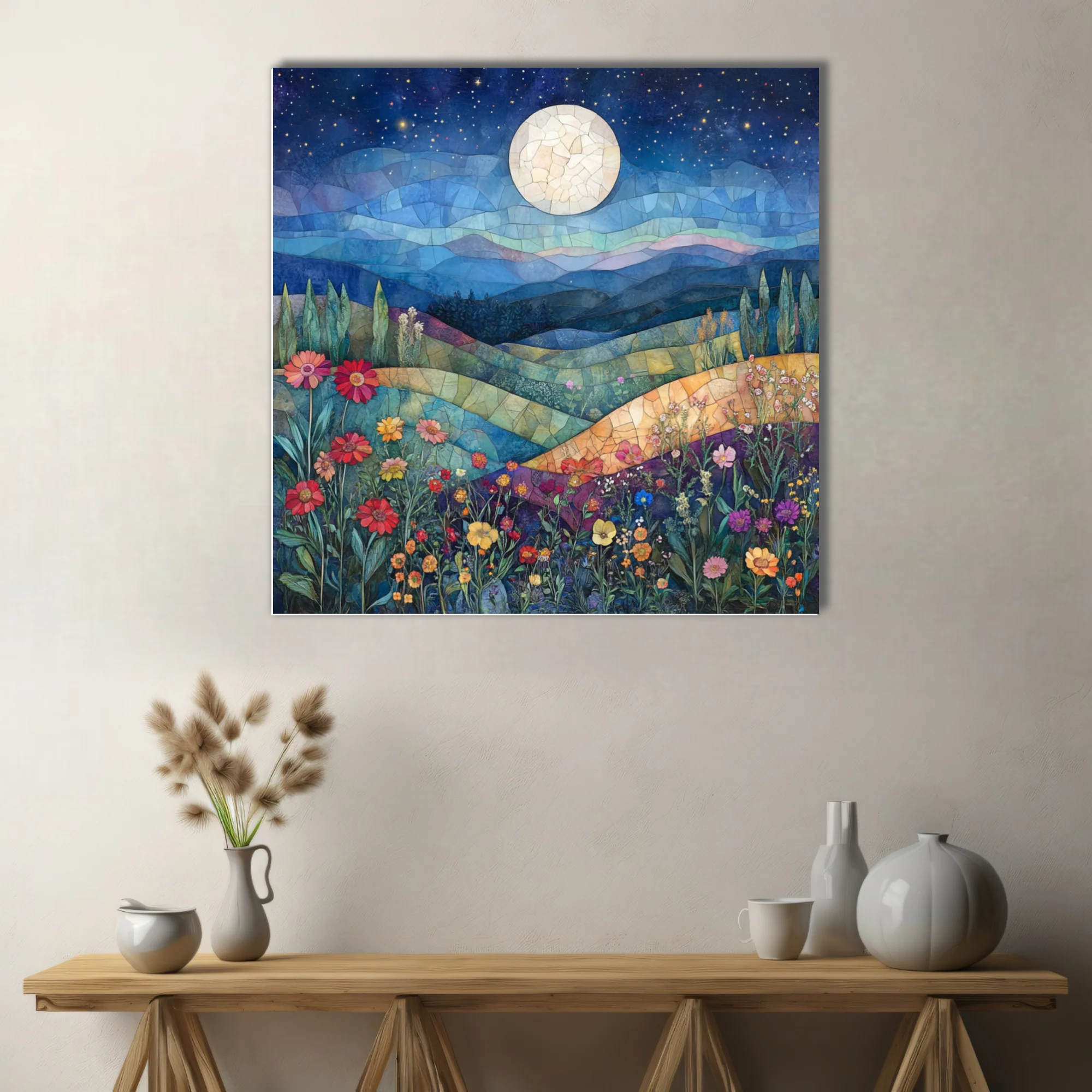 Mosaic-style moonlit landscape with wildflowers, deep blue night sky and rolling hills