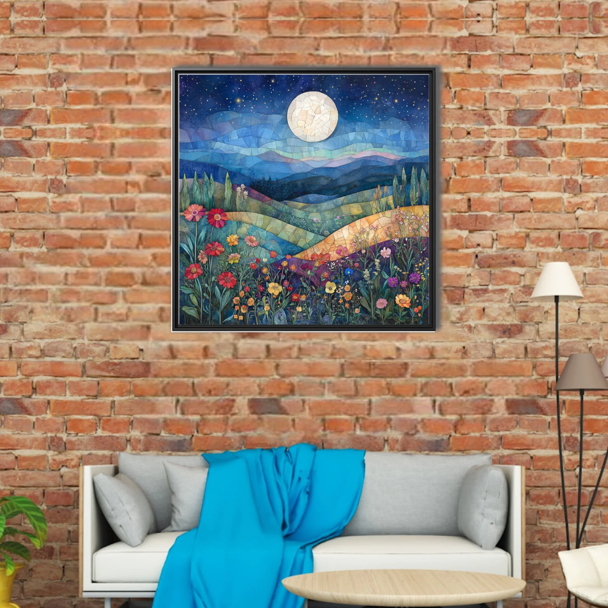 Mosaic-style moonlit landscape with wildflowers, deep blue night sky and rolling hills