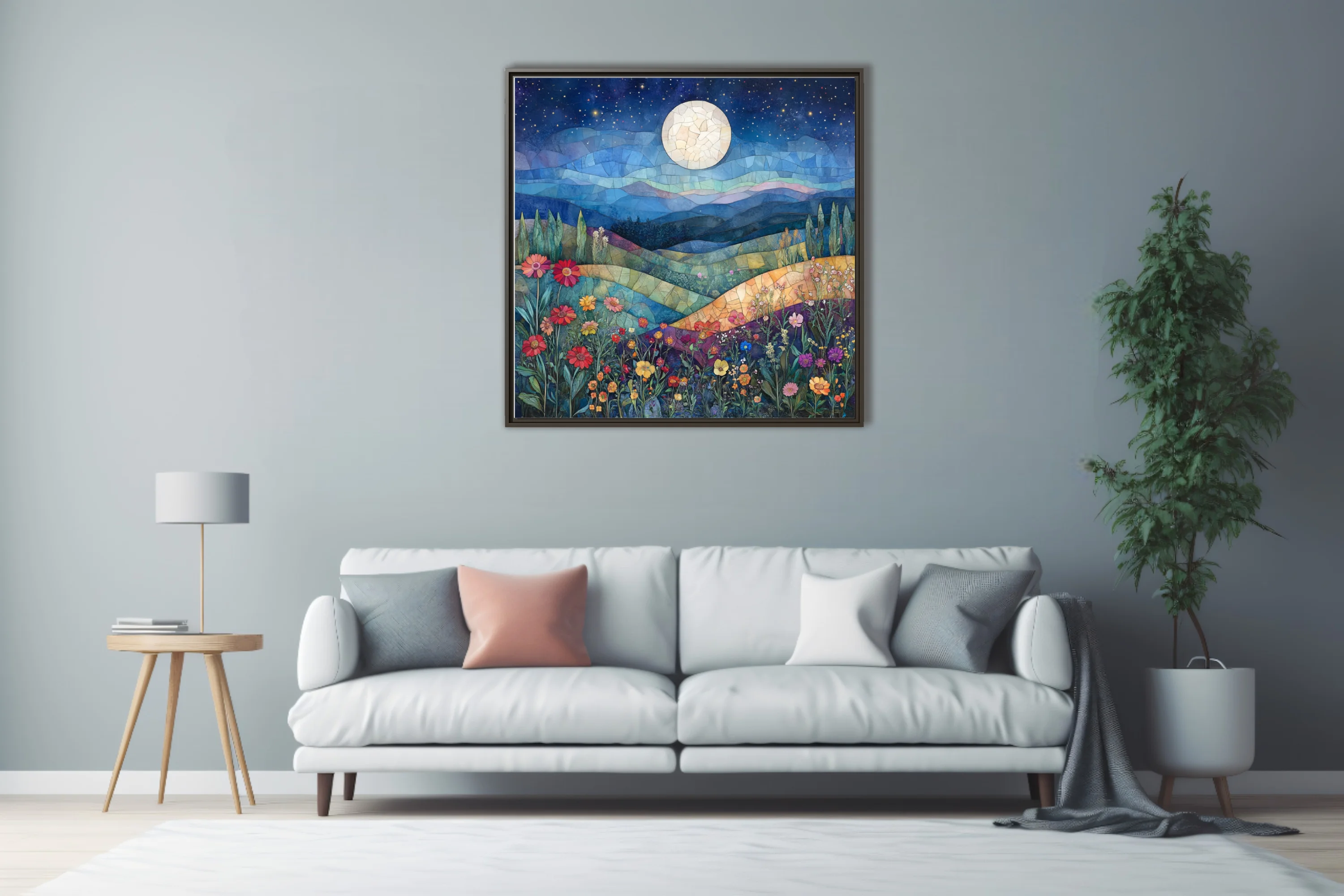 Mosaic-style moonlit landscape with wildflowers, deep blue night sky and rolling hills