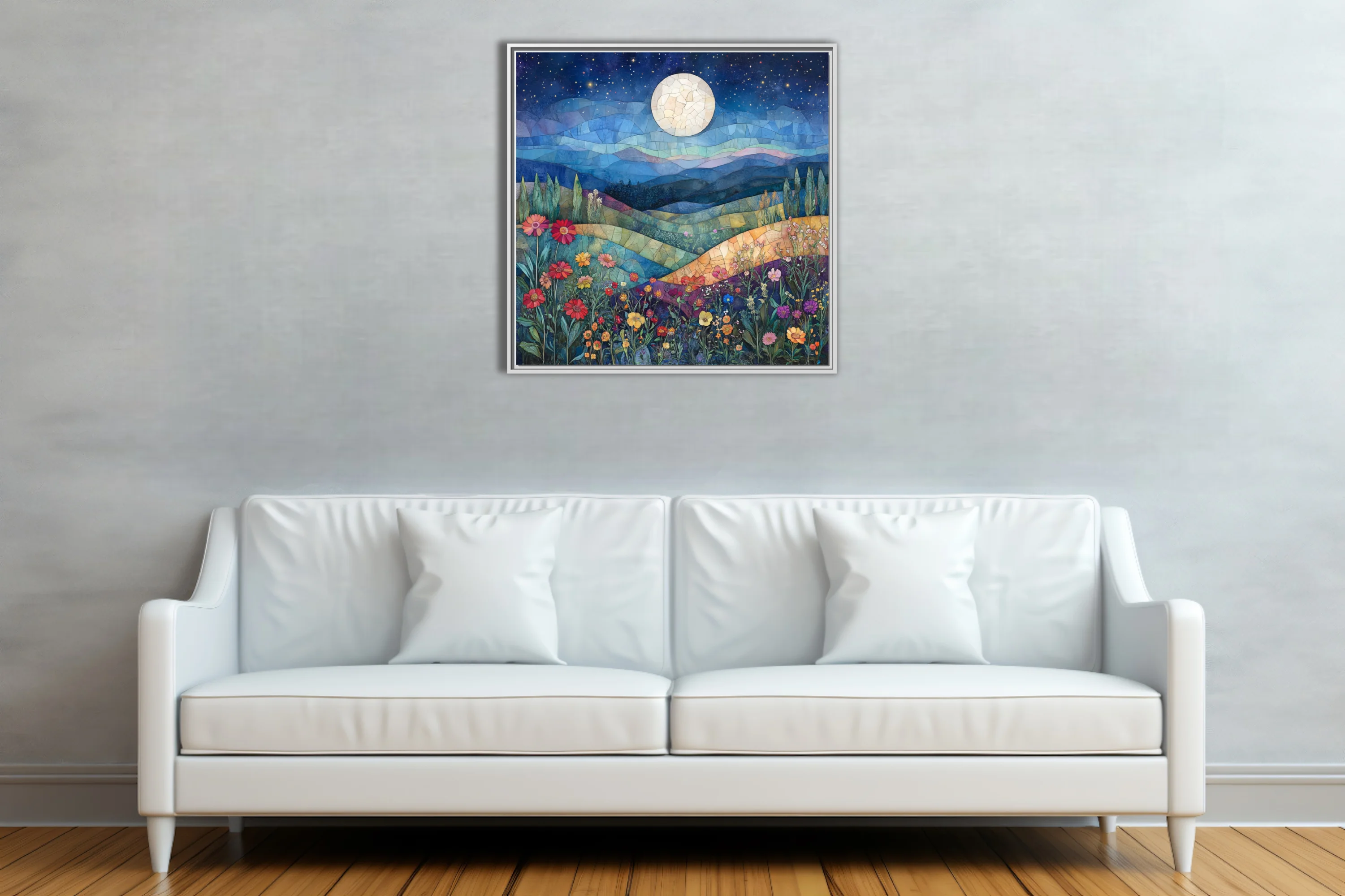 Mosaic-style moonlit landscape with wildflowers, deep blue night sky and rolling hills
