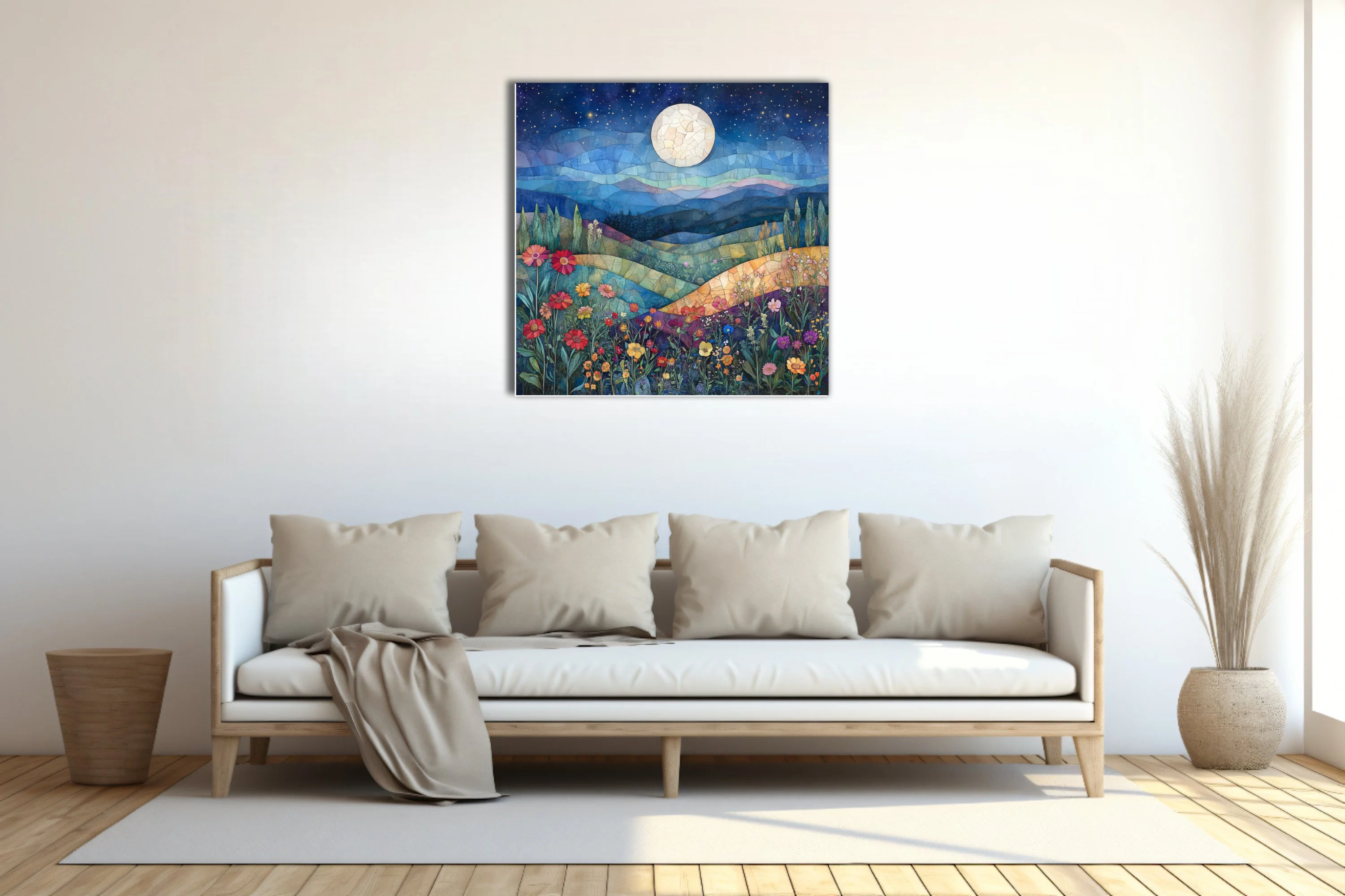 Mosaic-style moonlit landscape with wildflowers, deep blue night sky and rolling hills
